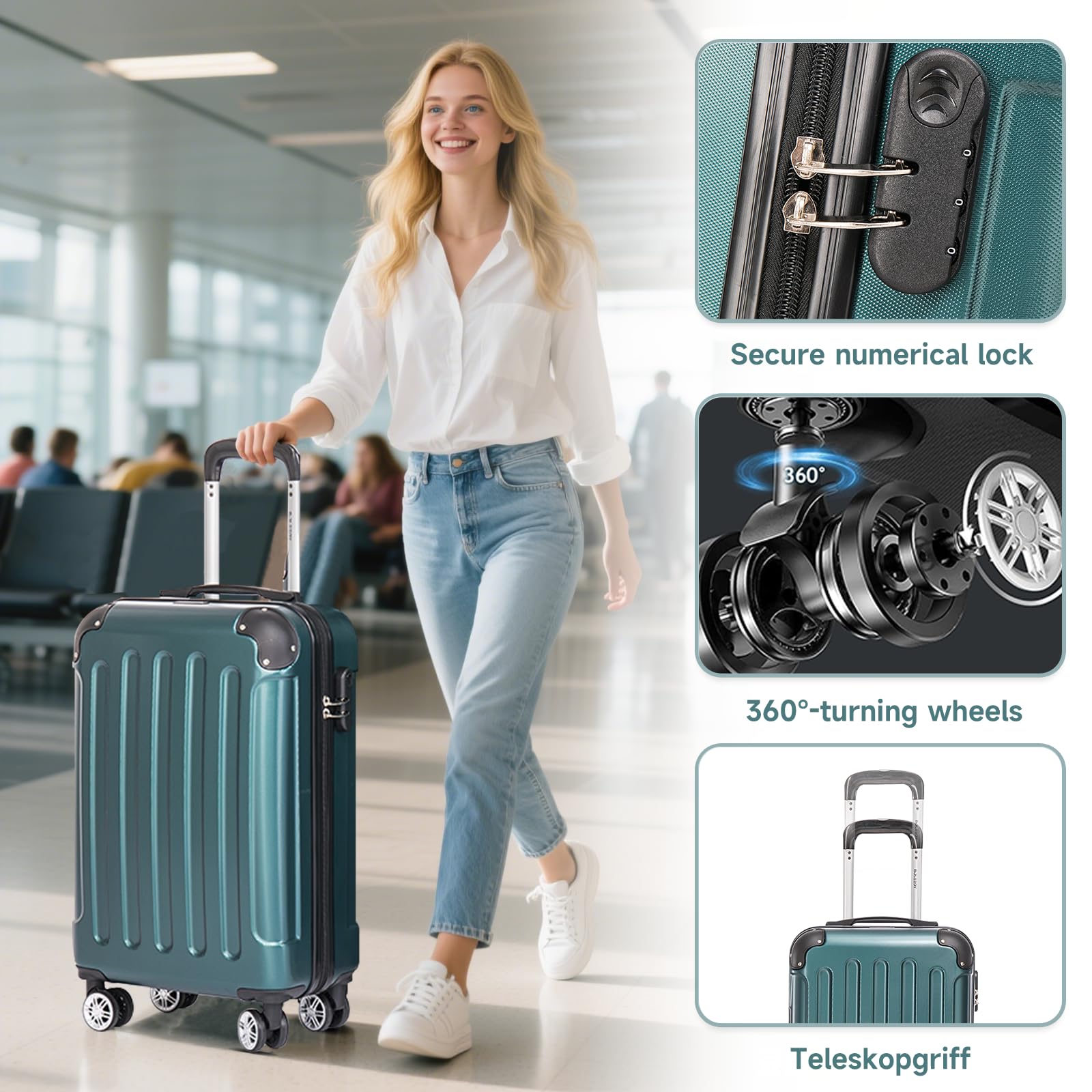 Juego 3 Maletas Viaje (55/66/76CM) ABS Rígidas con Cerradura y Ruedas 360°,Set Trolley de Viaje Incluye Maleta Cabina,Ideal Negocios y Familia