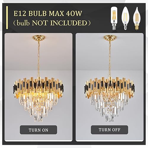 Miniatura 7 de CATINER Candelabros modernos de cristal, negro y dorado, gran lámpara redonda de 20 pulgadas para comedor, lámpara colgante de techo de lujo de 4