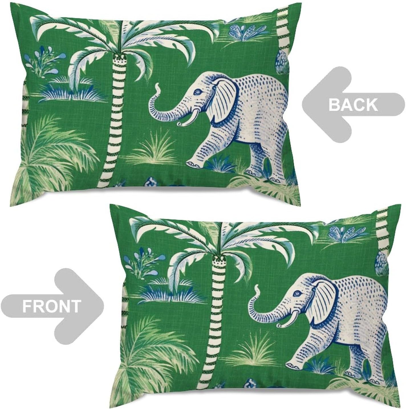 Green with Elephant and Donkey Pillow Cover Set of 2 Ethnic Style Lumbar Pillow Cover 20x30in Decorative Pillow Home Cotton Linen Chic Cushion Cases for Living Room Bedroom Chair Couch