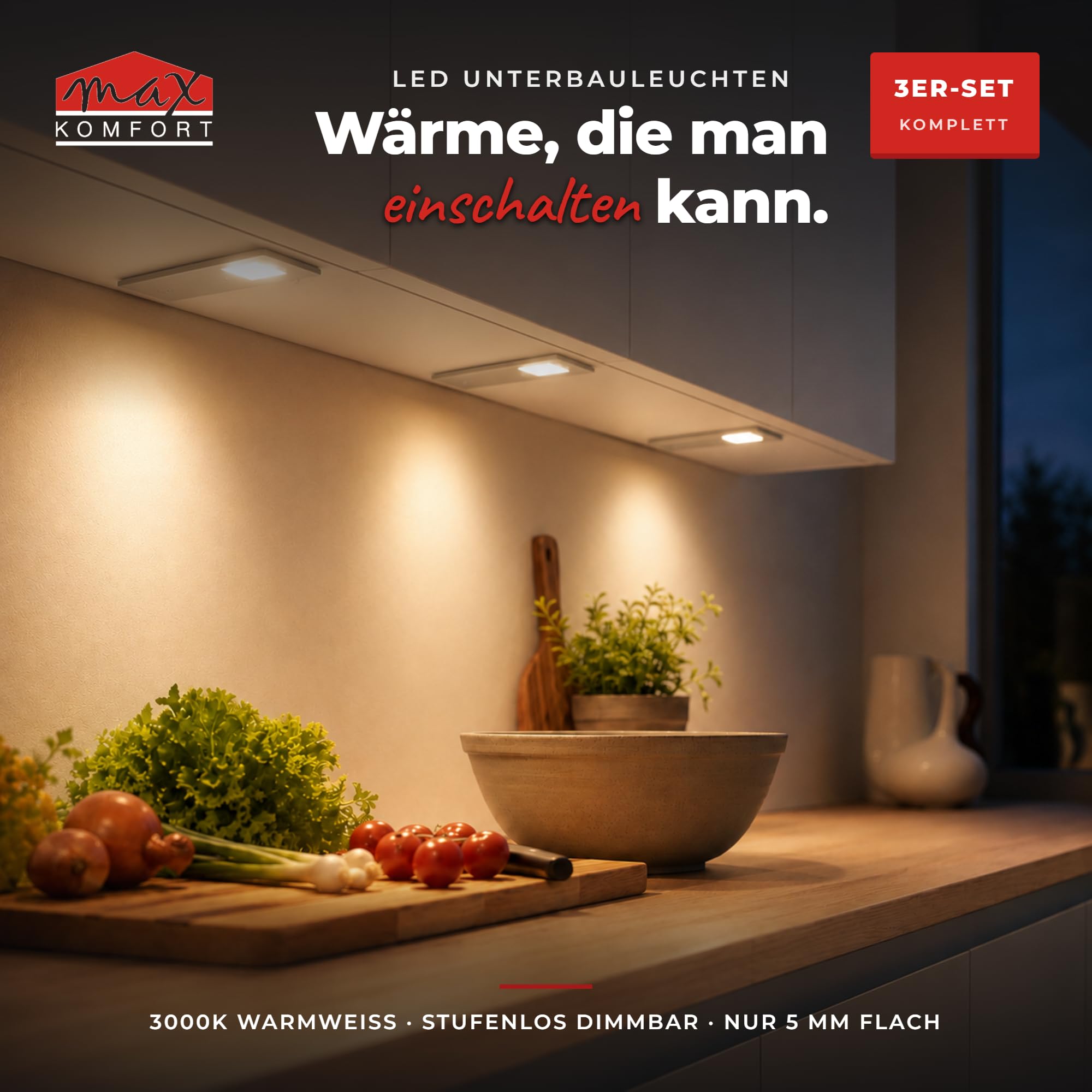 Maxkomfort LED Unterbauleuchte Küche 5er Set Dimmbar per Touch – 4W Warmweiß 3000K, Aluminium Ultraflach 5mm, Plug and Play Montage ohne Elektriker, Unterschrankleuchte Küchenschrank