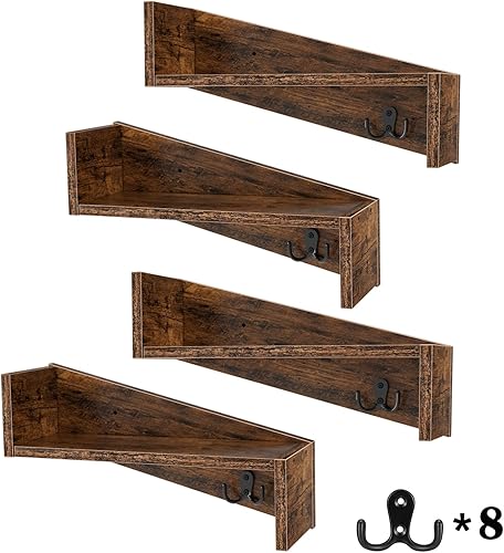 Gannyfer Floating Shelves - Set of 4, Rustic Wood Wall Shelf with Coat Hooks for Home Decor Storage, Small Wall Mounted Hanging Shelves for Bedroom,