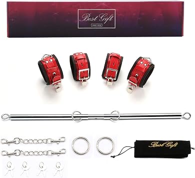 EXREIZST Adjustable Spreader Bar with 4 Premium Soft Pad Leather Straps 2 Chains Expandable Fitness Sports Exercise Training Tool Kit, Silver and Red