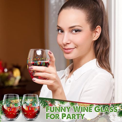 Miniatura 7 de 2 copas de vino sin tallo de Navidad, 17 onzas, feliz Navidad, feliz día festivo, taza de vino divertida, regalos de Navidad de Año Nuevo para