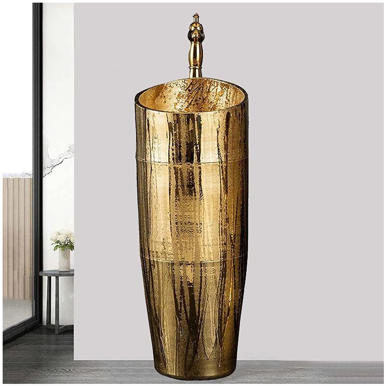 ZTGL Gold Ceramic Pedestal Sink Modern Freestanding Bathroom Sink