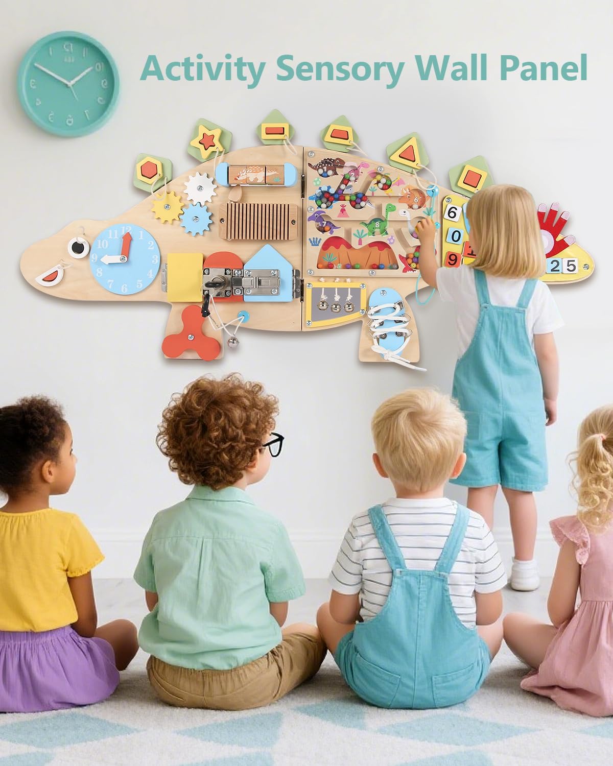 Activity Wall Busy Board-Dinosaur Wall Mounted Foldable Kids 3–7 Toy-Sturdy BPA-Free Wood-Interactive Montessori Educational Toys Autism Sensory Panel for Playrooms/Preschool,31.5 * 14.2 in