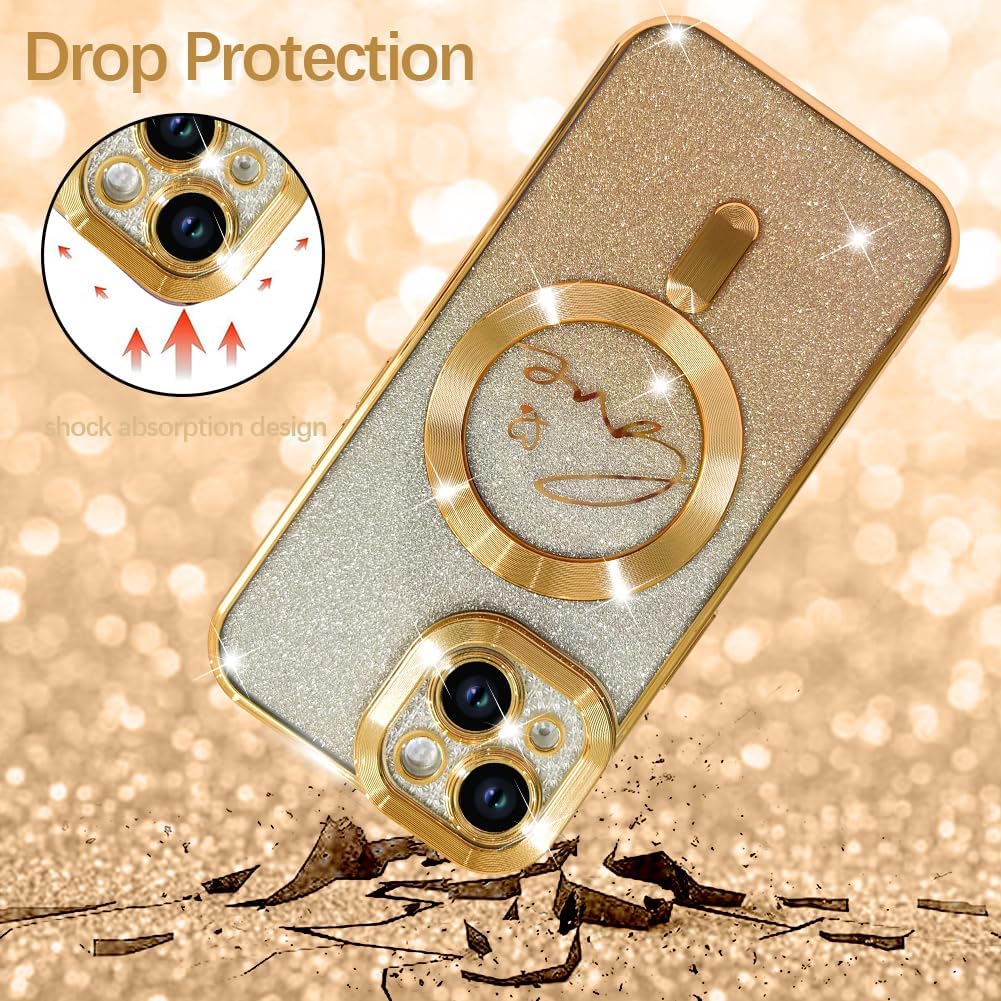 ZIYE Magnetic Case Designed for iPhone 14 Glitter Case Luxury Plating Love Heart Compatible with MagSafe Clear Case with Camera Protector Protection Shockproof Cover for Women Girls-Gold - Image 3