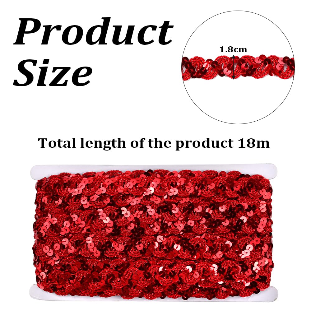 LPAMABA Paillettenborte,1.8cm*18m Paillettenbänder,Paillettenband Rot Glitzerborte Pailletten Borte Polyester Pailletten Band Pailletten Glitzerband für Kleid DIY Handwerk Bastelprojekte