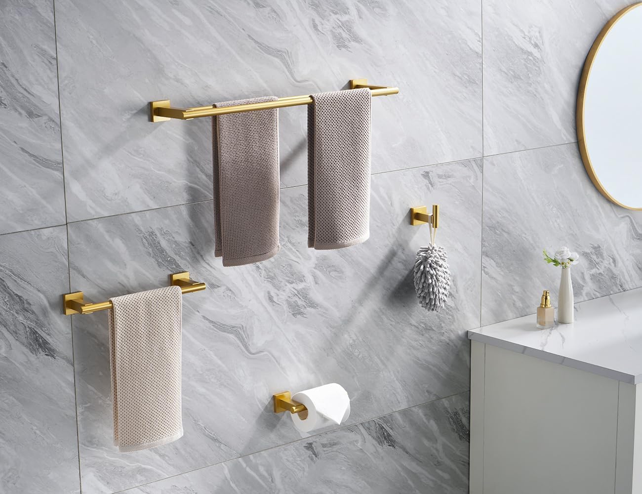 Miyili 4-Pieces Gold Bathroom Accessories Set Bath Hardware Kit - Includes Double Towel Bar, Hand Towel Rack, Toilet Paper Holder, Robe Hook, BS02G4A