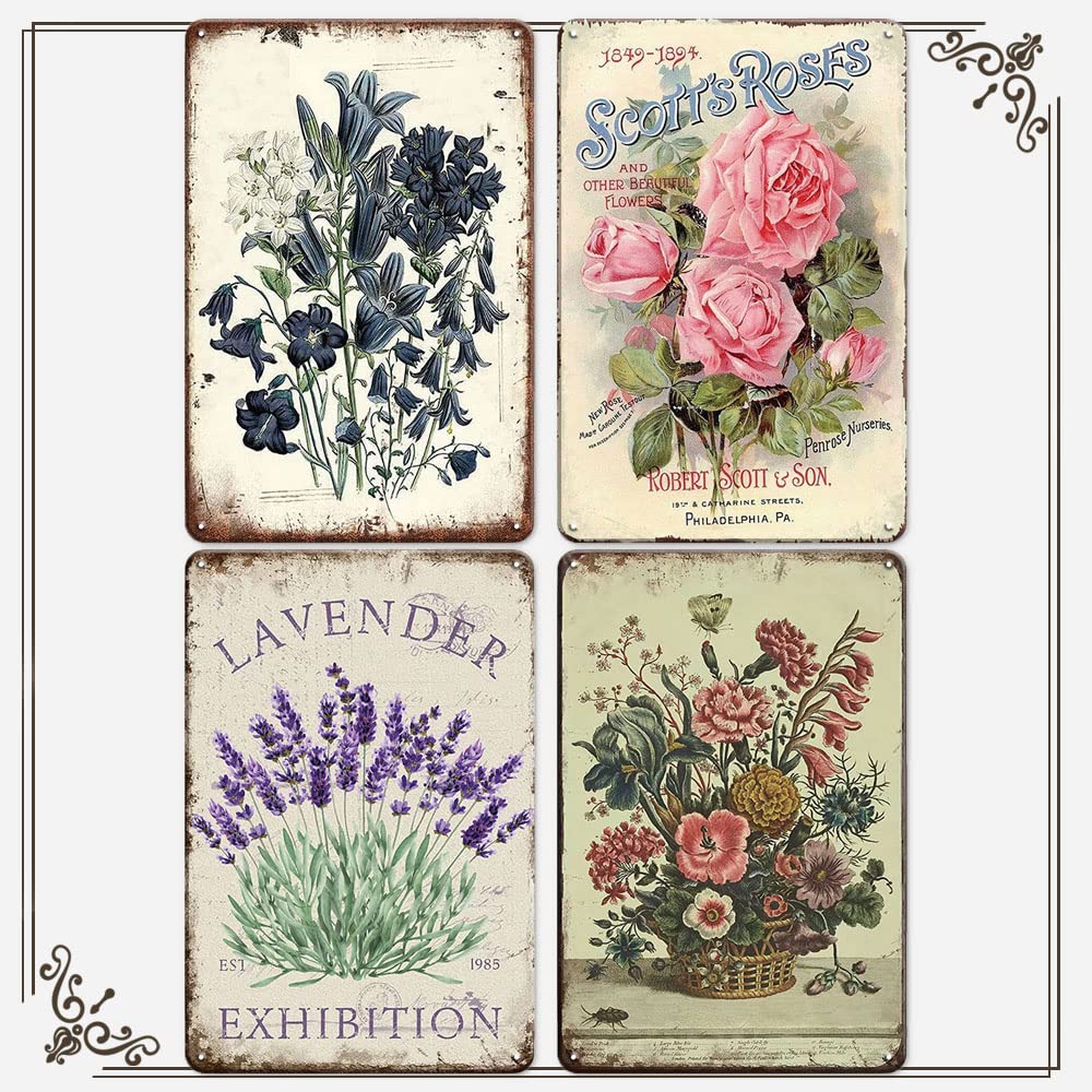 Anceky Vintage Lavender Roses Flowers Decor Tin Sign - French Country Shabby Chic Signs Vintage Metal Sign Tin Sign Decor Funny Poster Home Bar Club Farmhouse Garden Gift Sign 8x12 Inch