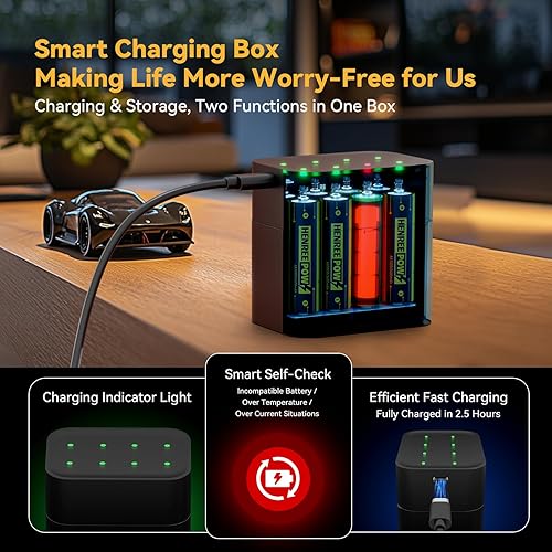 Miniatura 3 de Henreepow Baterías recargables AA de litio, paquete de 8 con caja de almacenamiento de carga integrada, salida constante de 3600 mWh, 1.5 V,