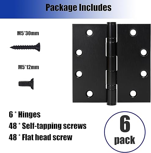 Miniatura 4 de Paquete de 6 bisagras de puerta comerciales de 4.5 x 4.5 pulgadas, color negro, resistentes, gruesas, silenciosas, lisas y silenciosas, esquinas