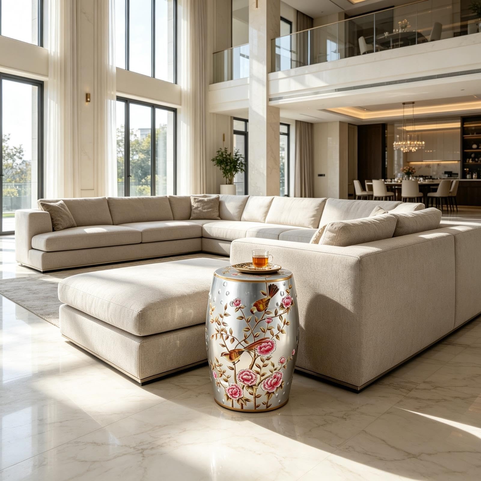 Dekoracyjny Ceramiczny Stołek Ogrodowy, Chinoiserie Na Zewnątrz Dekoracyjny Stołek Na Perkusję Wewnątrz Na Zewnątrz Stolik Boczny Na Patio W Ogrodzie Balkon Salon Łazienka(Silver)