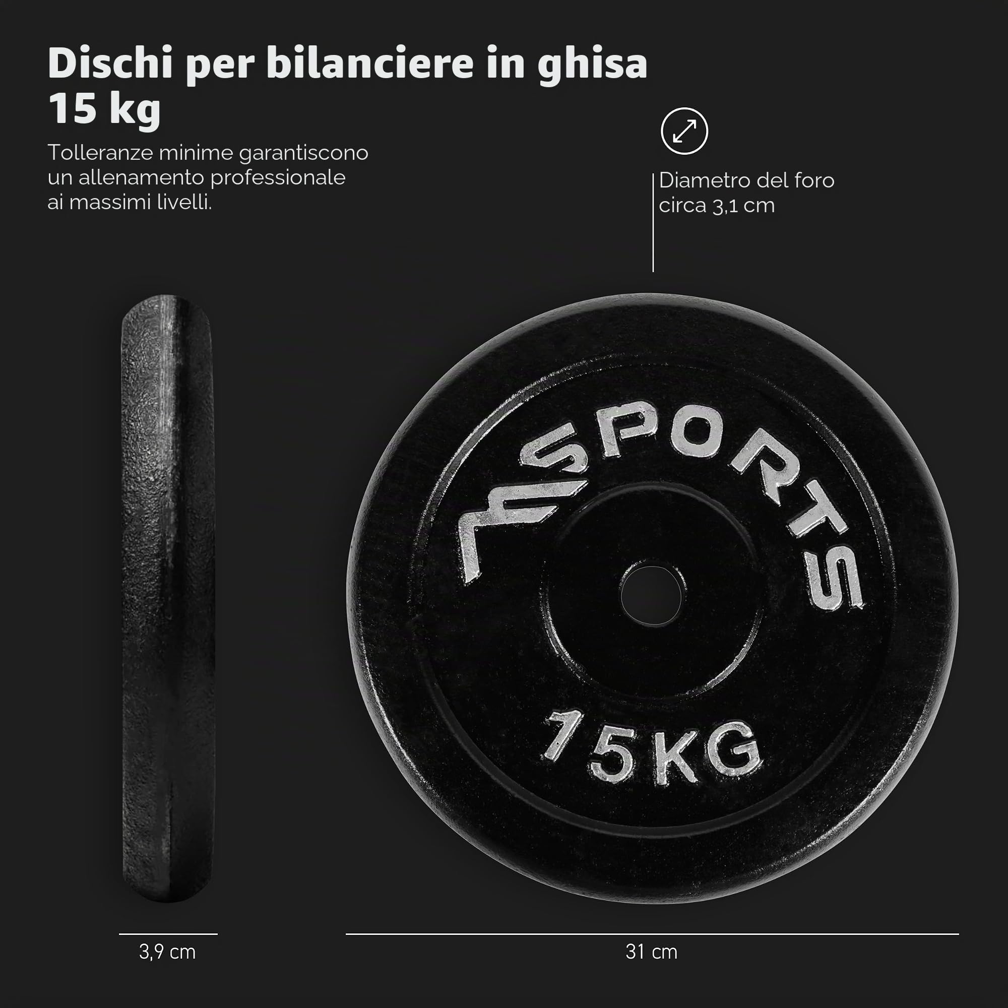 Coppia di dischi professionali per bilancieri e manubri, 100% ghisa, 5-30 kg, 2 x 15 kg – nero, allenamneto di forza
