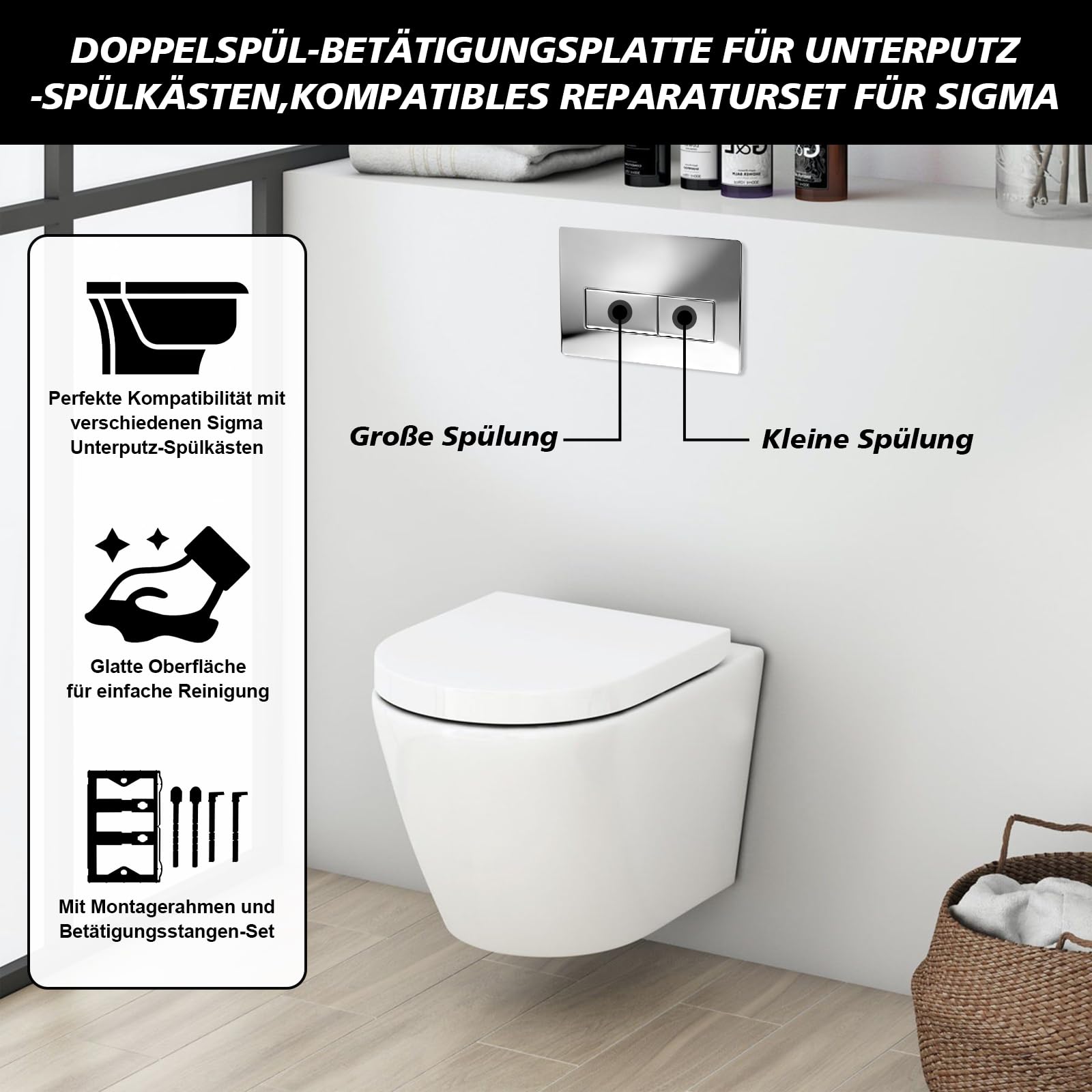 Plaque de commande wc suspendu, plaque de déclenchement wcà double chasse d’eau, compatible avec GEBERIT SIGMA01 UP300/320, 115.770.11.5, (Argent électrolytique)