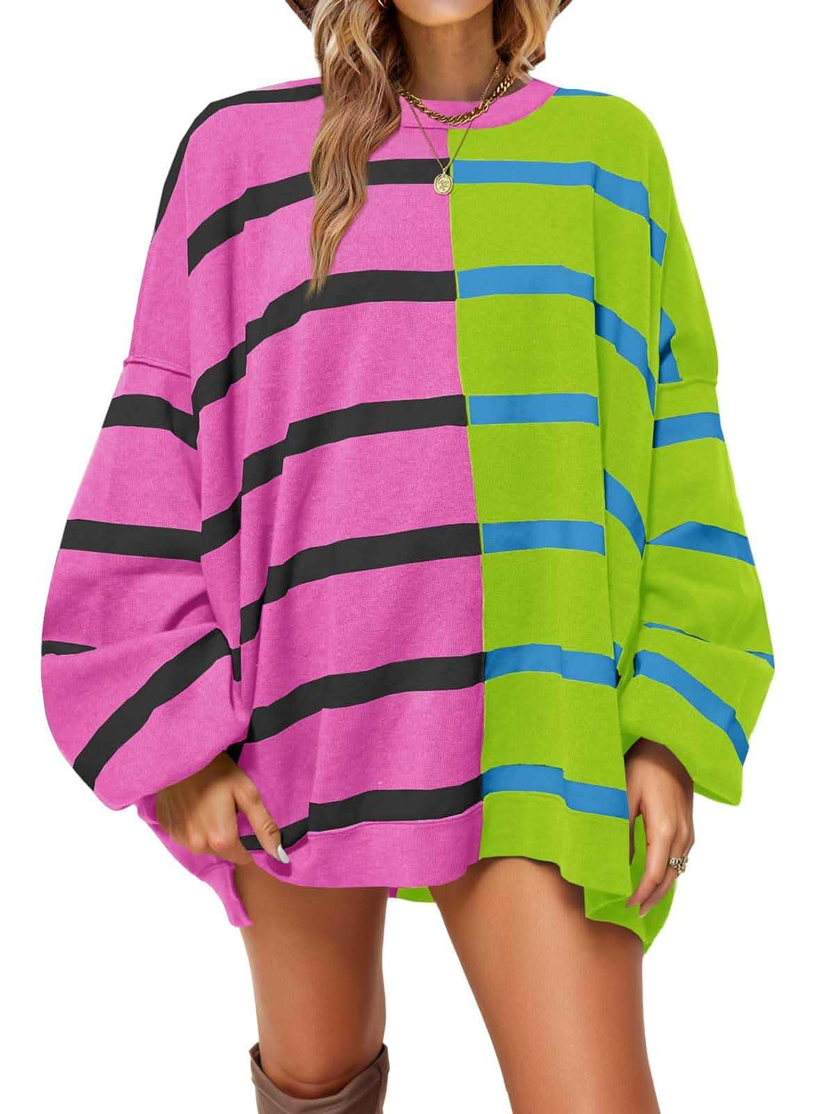 Fisoew Womens Striped Pullover Sweater Crew Neck Long Sleeve Loose Sweaters Fisoew Womens Striped Pullover Sweater Crew Neck Long Sleeve Knitted Color Block Casual Loose Lightweight Sweaters for Women