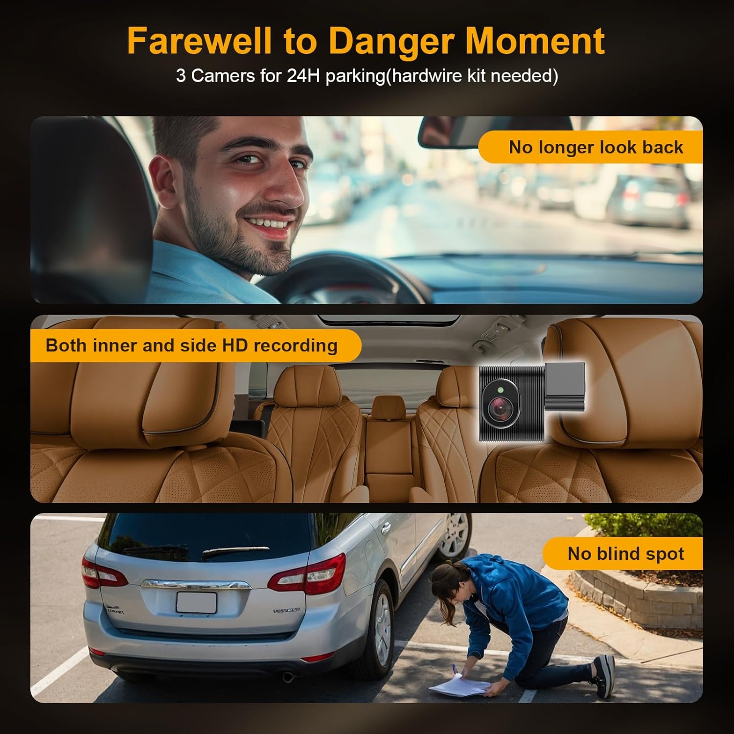 3 Channel Mirror Dash Cam with Front 4K, in-Cabin & Rear 1080P Cameras, Enhanced Night Vision, G-Sensor & Parking Monitor, 64GB Card Included, Triple Rear View Mirror Camera for Cars & Trucks