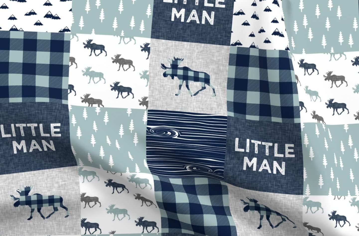 Spoonflower Fabric - Little Man Patchwork Navy Dusty Blue Woodland Cheater Quilt Moose Printed on Minky Fabric by The Yard - Sewing Baby Blankets Quilt Backing Plush