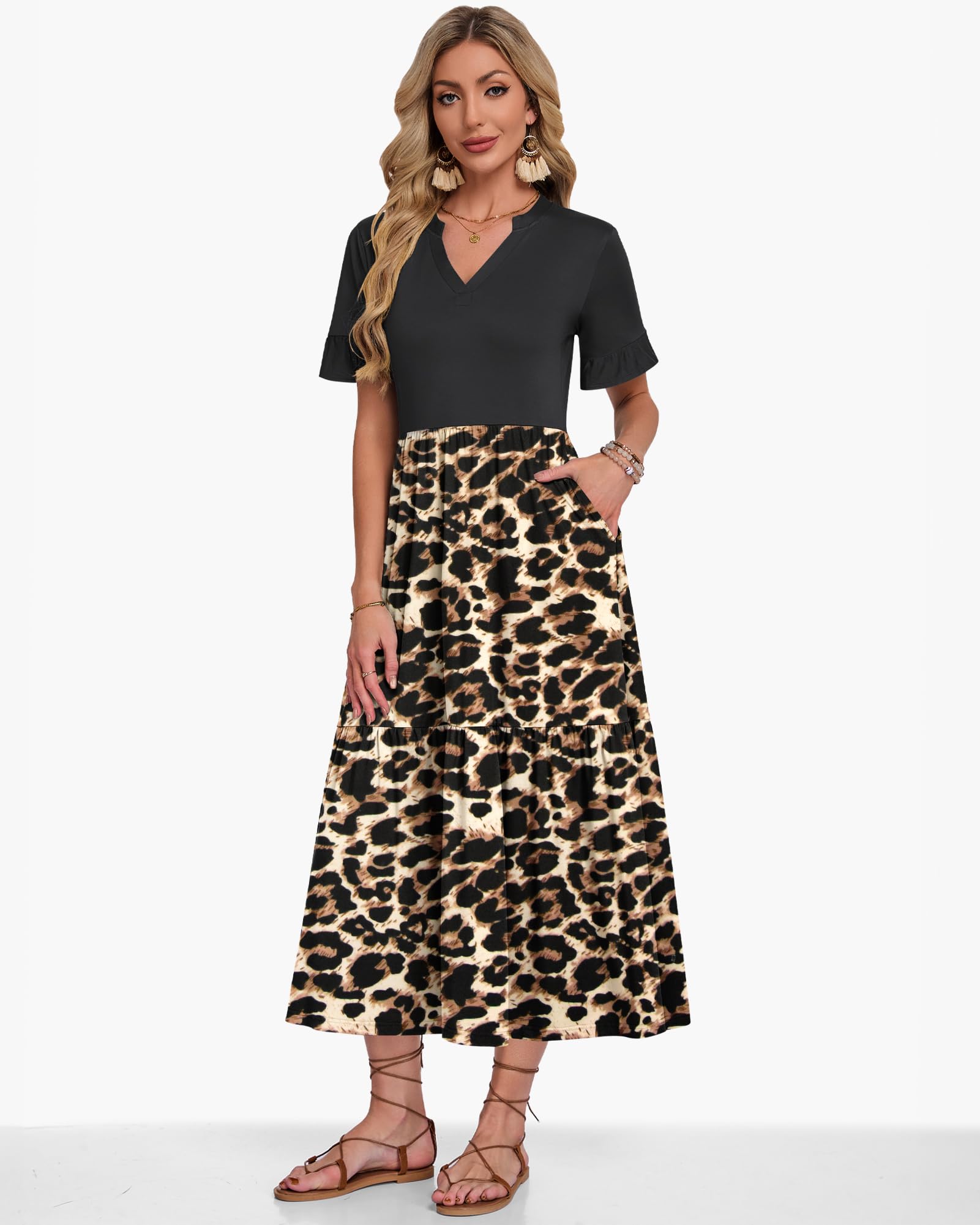 AUSELILY Robe Longue Femme Col en V à Manche Courte à Volants Robe de Plage Femme Ete Chic et Elegant Fluide Legere avec Taille Empire Poches