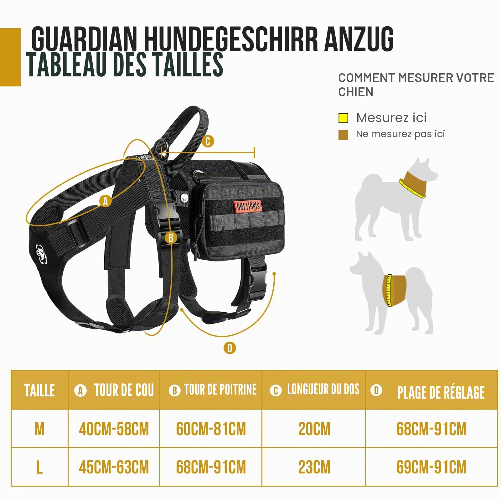 OneTigris Guardian Harnais pour Chien avec 3 Anneaux en D en Acier Inoxydable et Poche de Grande capacité, Sangle de Poitrine avec Rembourrage Confortable et Poche d'identité Transparente - Noir