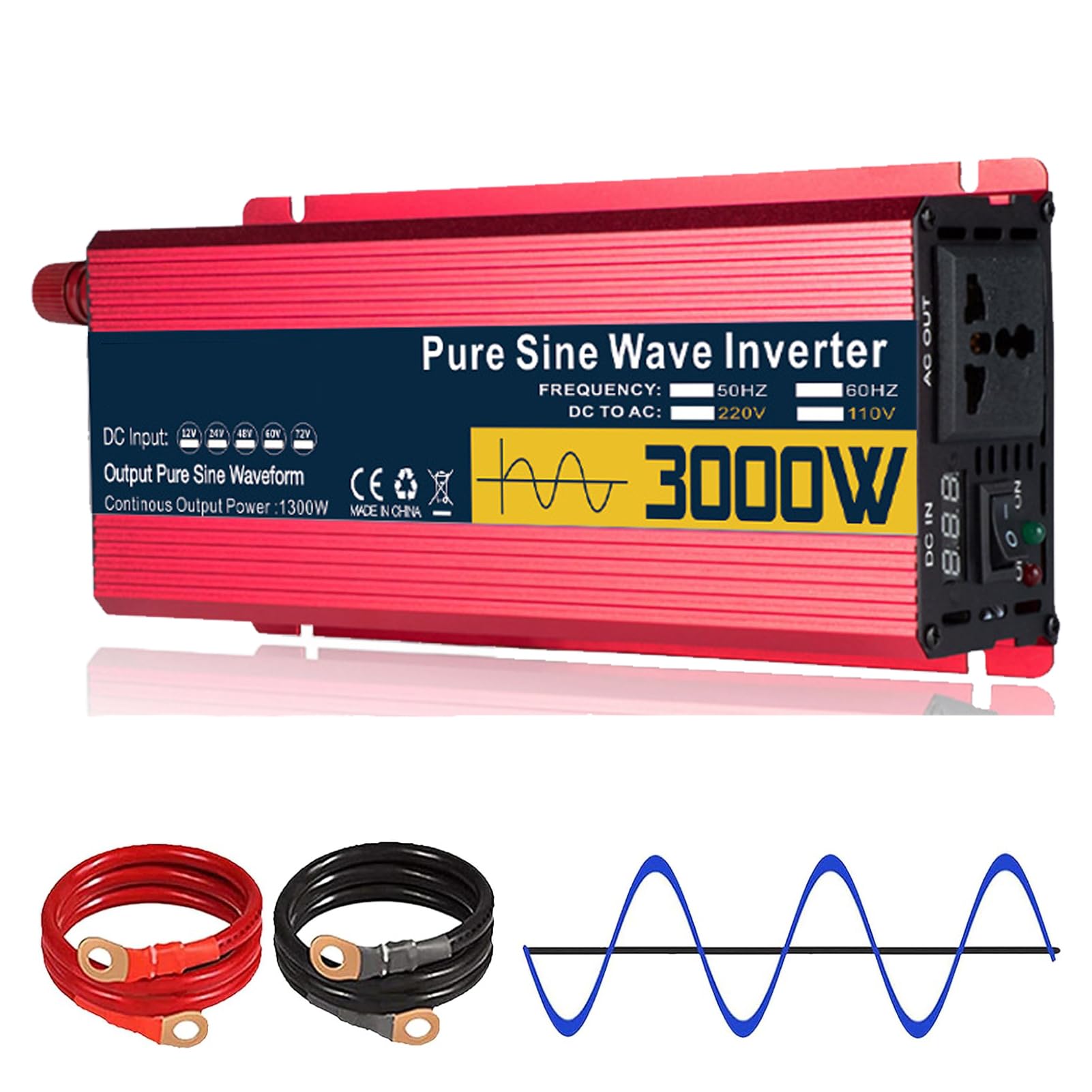 3000 Watt DC 12V/24V/48V/60V to AC 110V/230V Pure Sine Wave Inverter Low Frequency Car Power Inverter with LED Display Converter with 2 AC Socket for Truck, Home(Size:12v to 110v)