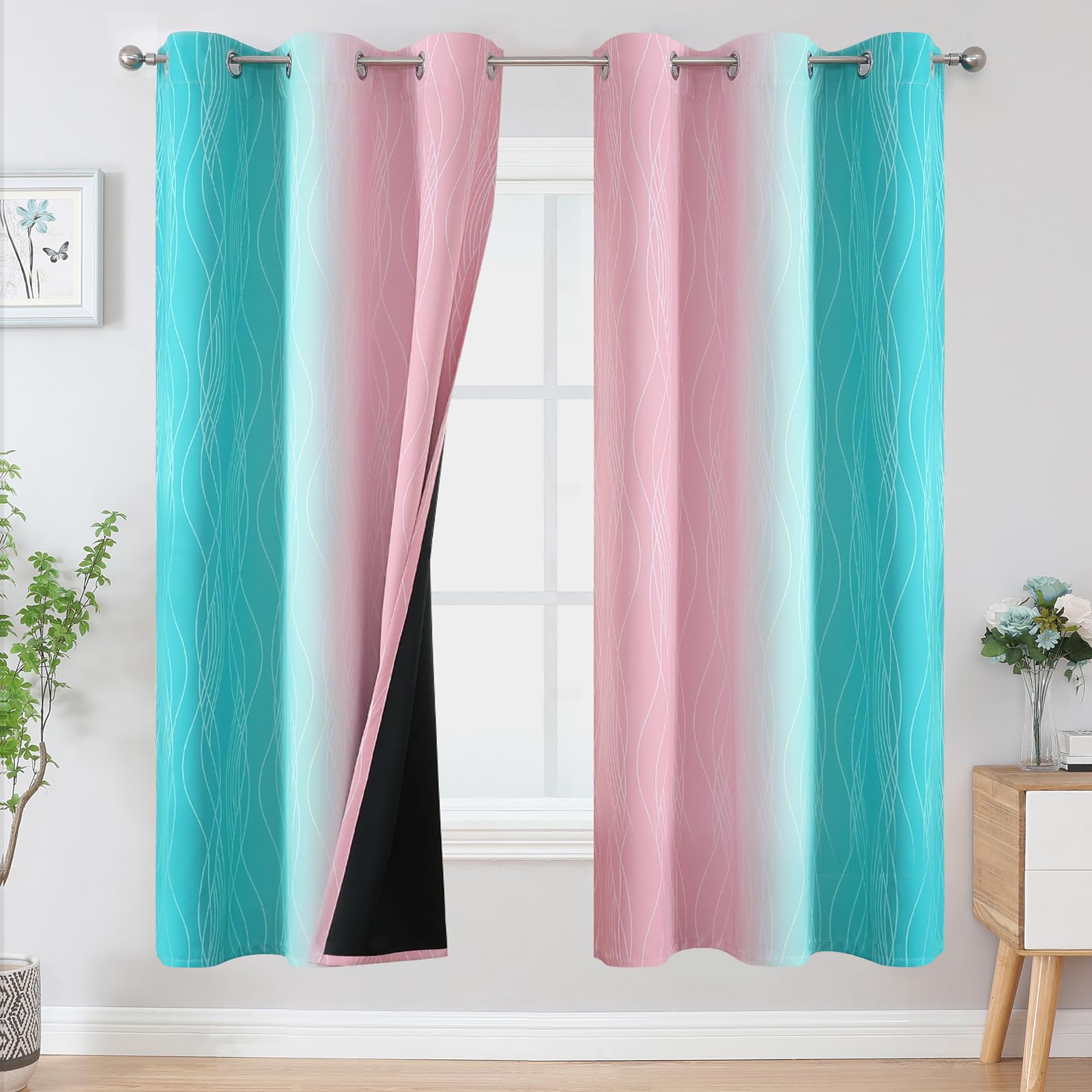Estelar Textiler Teal and Pink Ombre Blackout Curtains for Bedroom, Full Room Darkening Grommet Curtains for Living Room, Thermal Insulated Light Blocking Gradient Drapes, 42Wx72L, 2 Panels