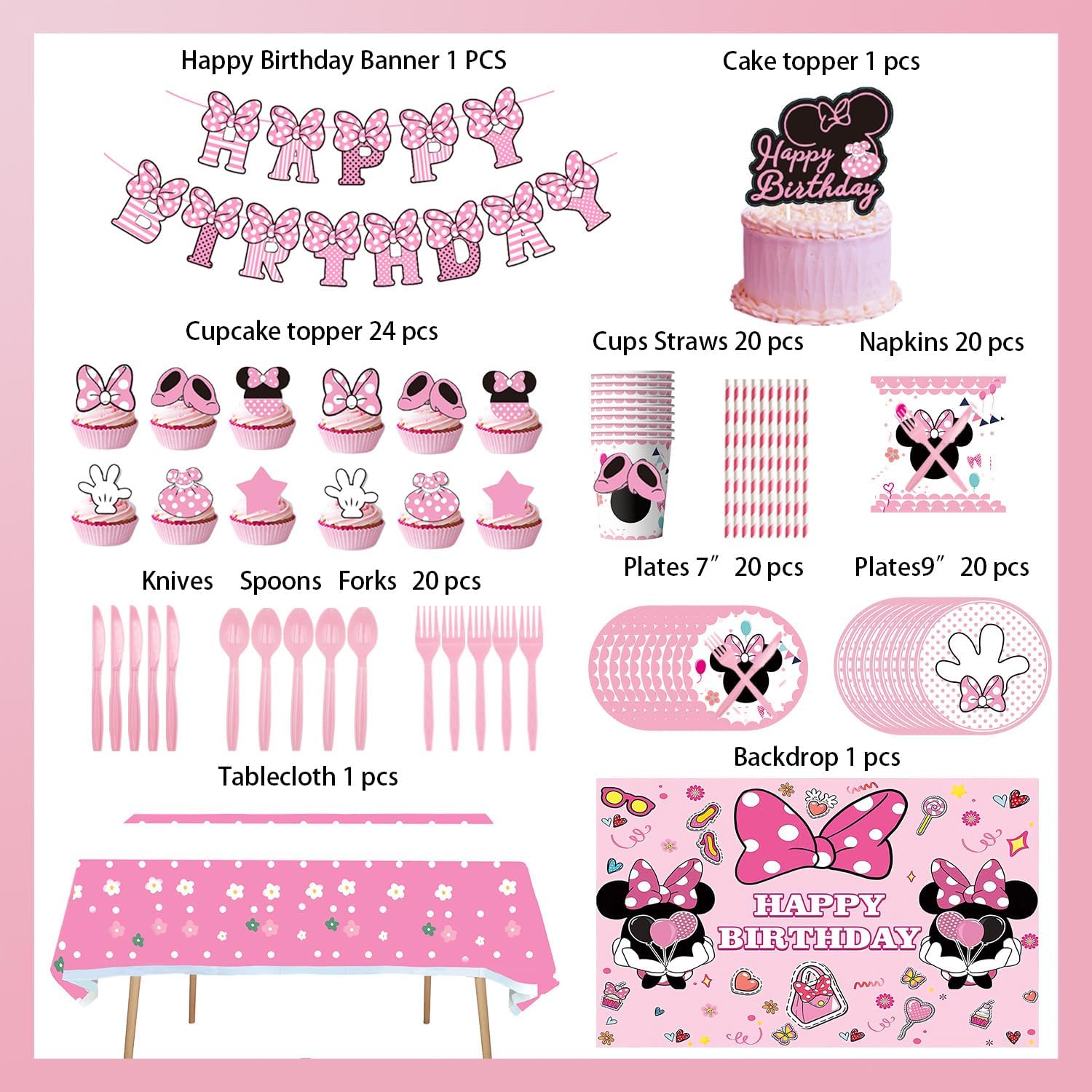 288 PCS Pink Mouse Birthday Decorations Serves 20 Guests Mouse Theme Party Decorations Include Balloons, Tablecloth, Backdrop, Cake Topper, Paper Plates and More Party Supplies for Girls - Image 2