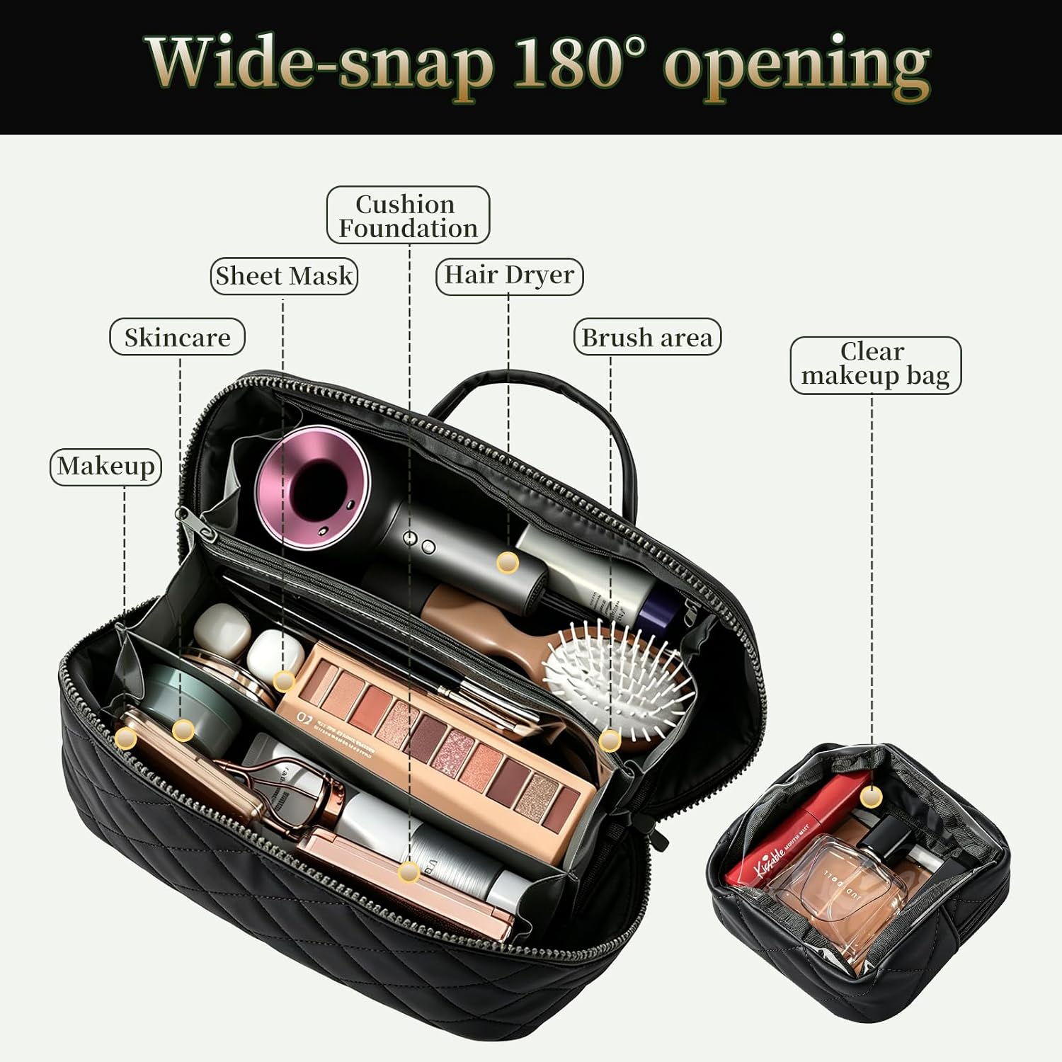 2 Pcs Black Travel Cosmetic Bag for Women, Large Capacity, Lay Flat & Open Makeup Organizer with Brush Compartment, Water-Resistant Toiletry Pouch image 3