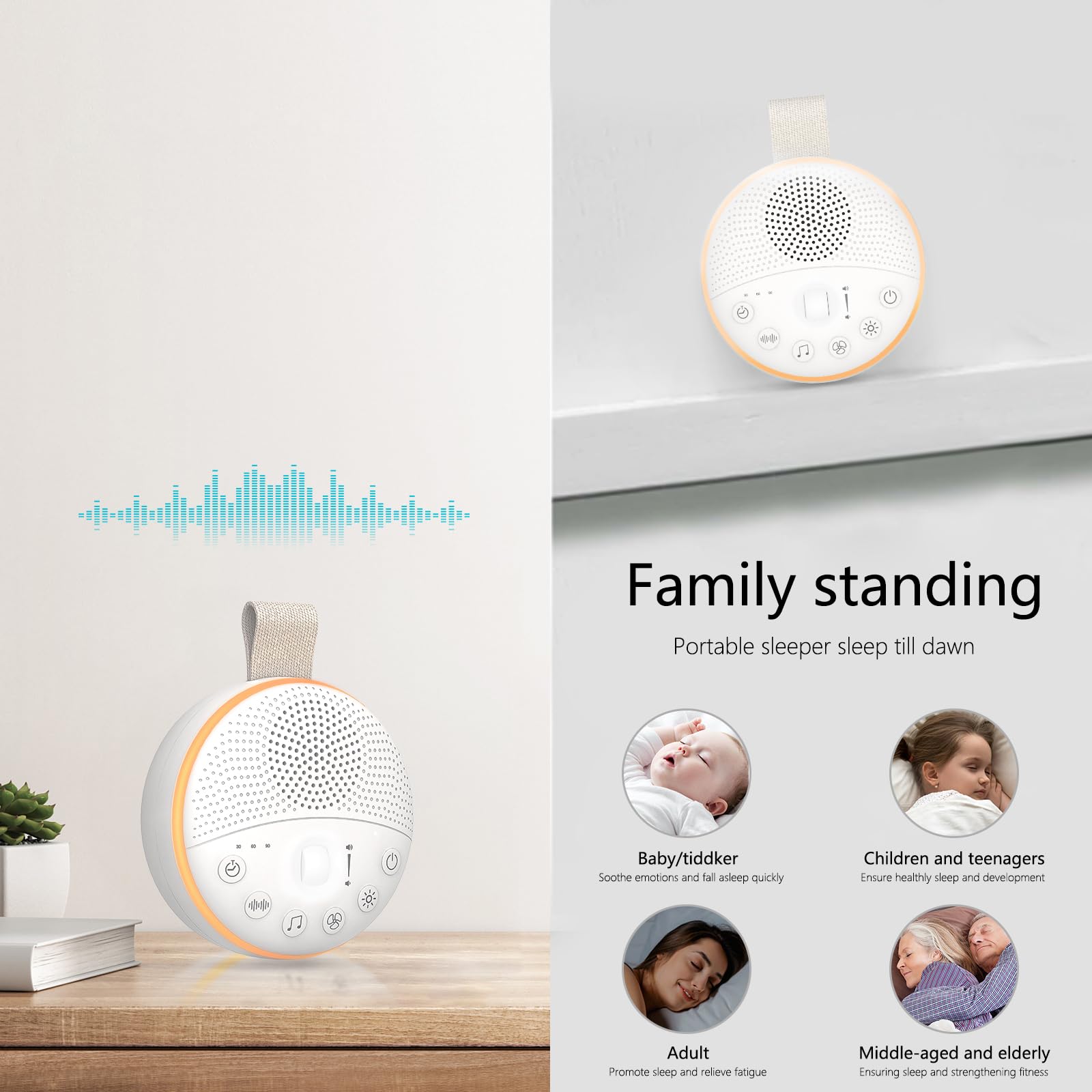 Macchina Rumore Bianco, Ricaricabile USB Rumore Bianco Neonato con Luce Notturna e Blocco Bambini, 21 Suoni per Dormire, Viaggi, Asili Nido, Timer 30/60/90 minuti, volume del suono regolabile