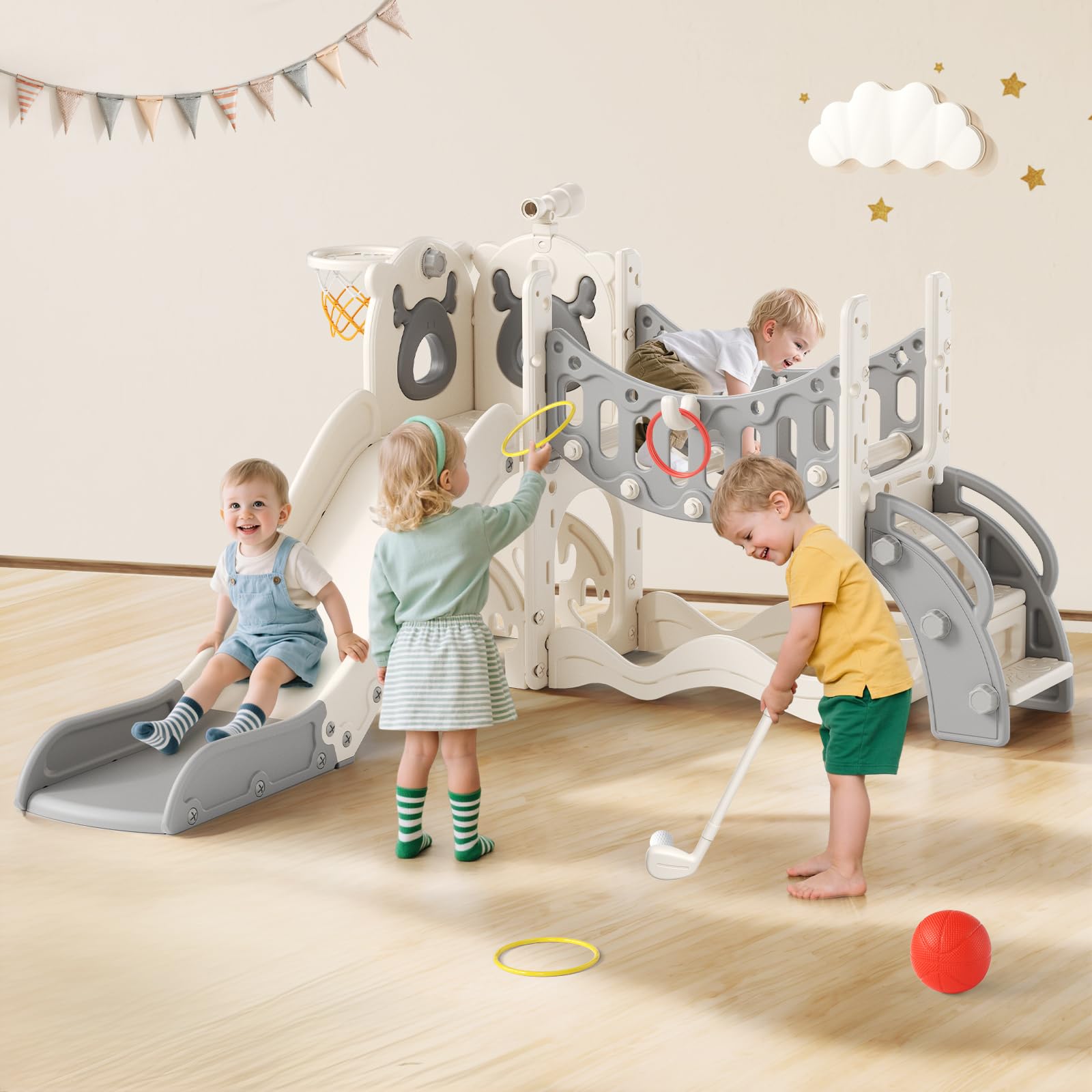 Scivolo 8 in 1 per bambini con ponte da arrampicata e cestino da basket