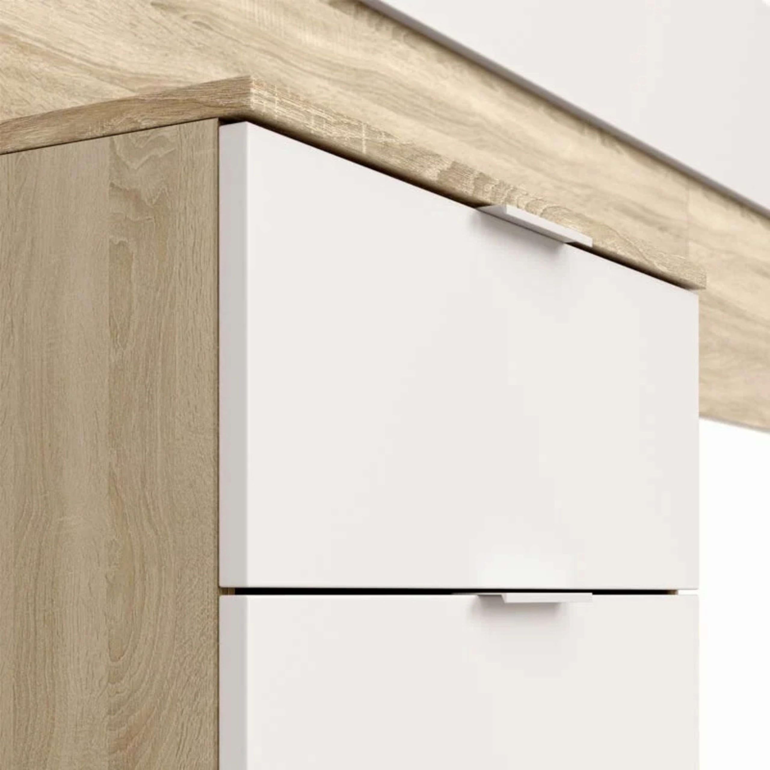 Habitdesign Cabezal + Dos Mesitas de Noche, Cabecero y Mesitas, Modelo Alaya, Acabado en Blanco Artik y Roble Canadian, Medidas: 247 cm (Ancho) x 50 cm (Alto) x 38 cm (Fondo)