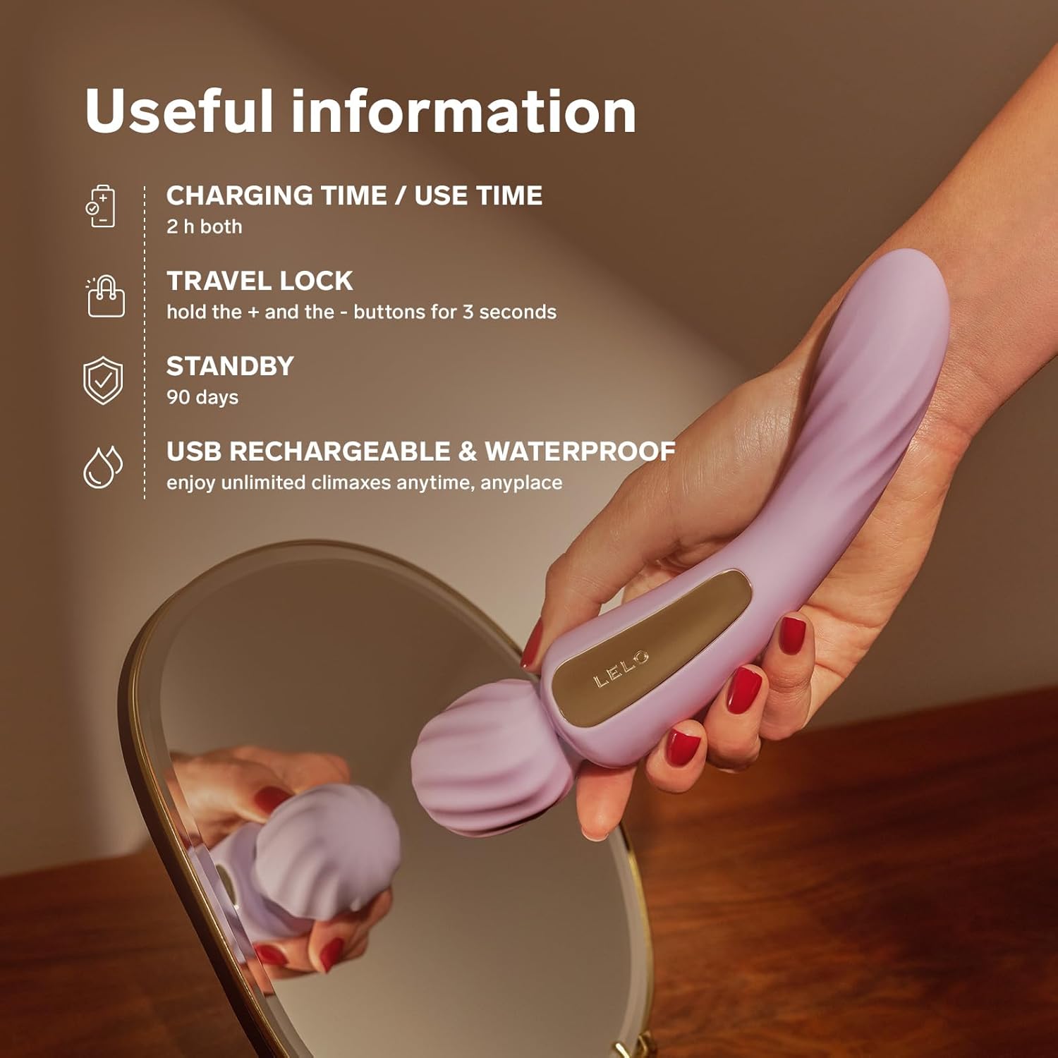Infographic showing useful information: charging time, use time, travel lock, standby, USB rechargeable & waterproof.