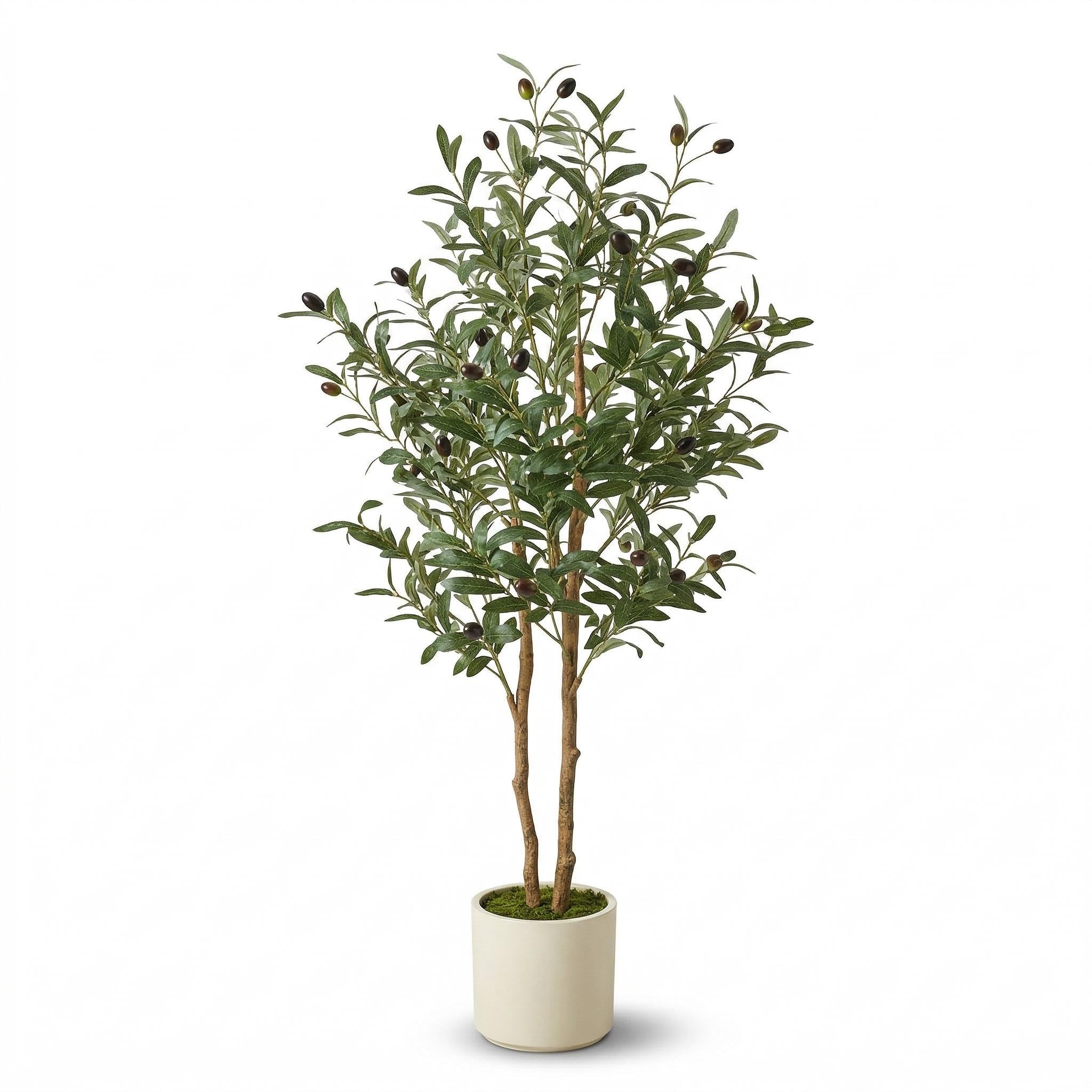Garvee Olivo Artificial de 150 cm con Tronco Natural y Frutos Realistas - Planta Falsa para Decoración de Hogar, Oficina y Salón - Maceta Blanca con Musgo Incluida