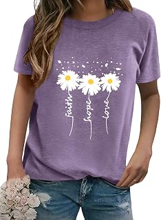 EADINVE Womens Daisy Print T Shirts Summer Crew Neck Short Sleeve Tees 2026