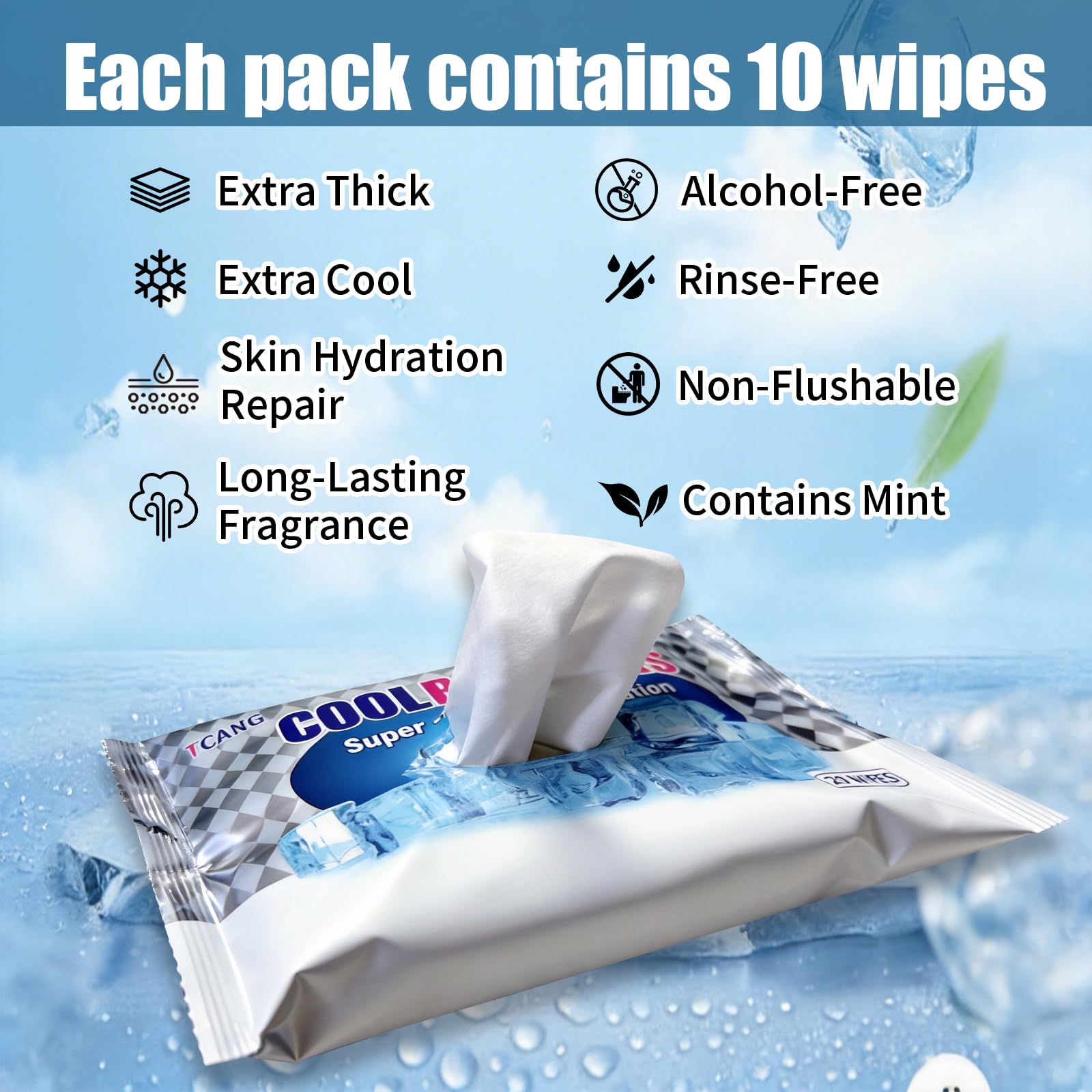 Mint Cooling Face & Body Wipes, Individually Wrapped No-Rinse Towels