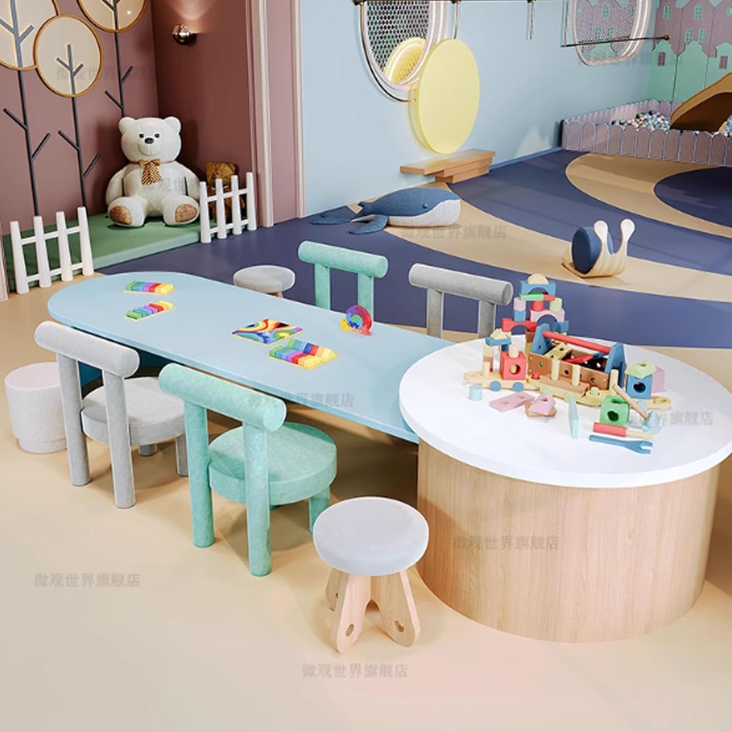 Solid Wood Children's Desks and Chairs Set, Kindergarten Handicraft Painting Area, Open-air Floor Sales Office Reception Early Education Complete Set Combination(Set 1)