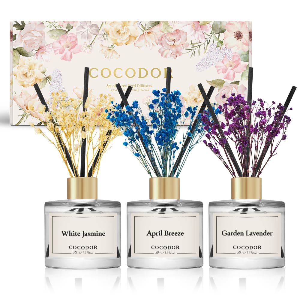 COCODOR Real Flower Reed Diffuser Set of 3/White Jasmine,Garden Lavender,April Breeze/1.6oz Each Pack/Home Fragrance Diffuser, Oil Scent Diffuser for Bathroom Shelf Decor