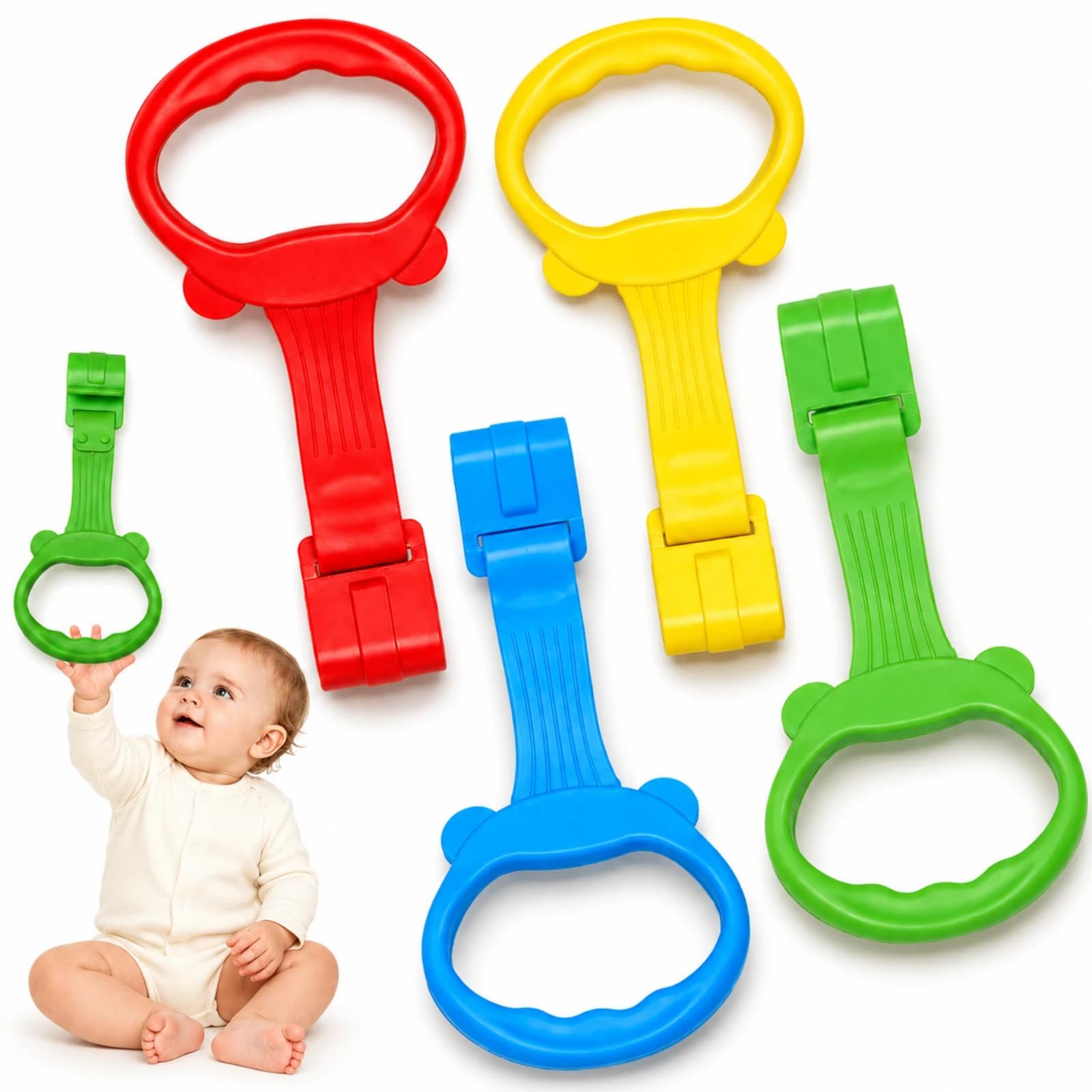 JoyLife 4PCS Baby Pull Up Rings for Playpen, Cute Baby Crib Hanging Pull Up Handles, Stand Up Support Rings for Cot, Babies Walking Exercises Assistant, PlayPen Accessories, Babies Standing Handle