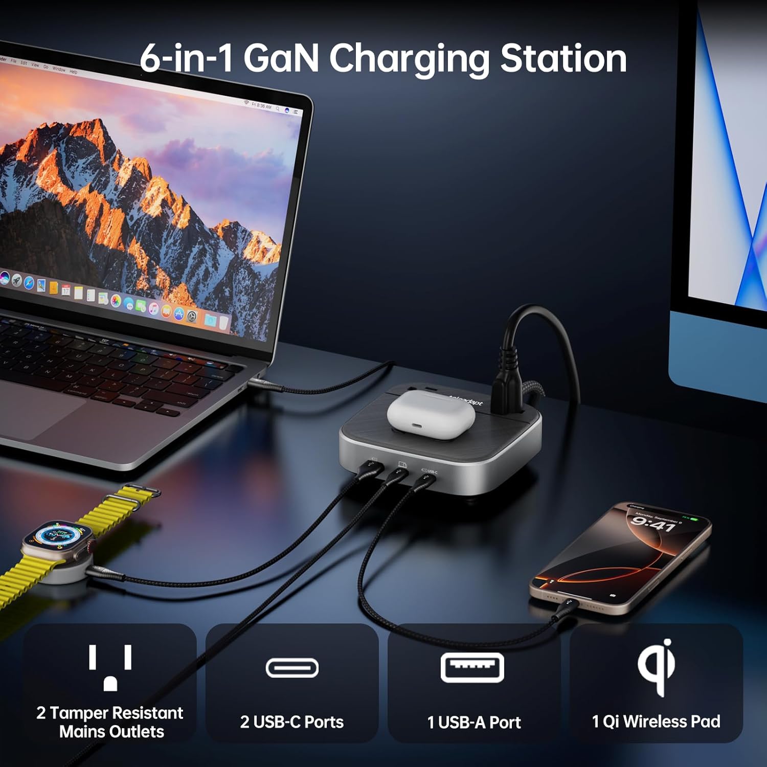GaN Multi Charging Station 67W, 6 in 1 iPhone Charging Station with USB Ports, 2AC Outlets, 1 USB A & 2 USB C Ports, Desktop Phone Charger for iPhone14/13/12/11/X/Samsung/Android, Grey
