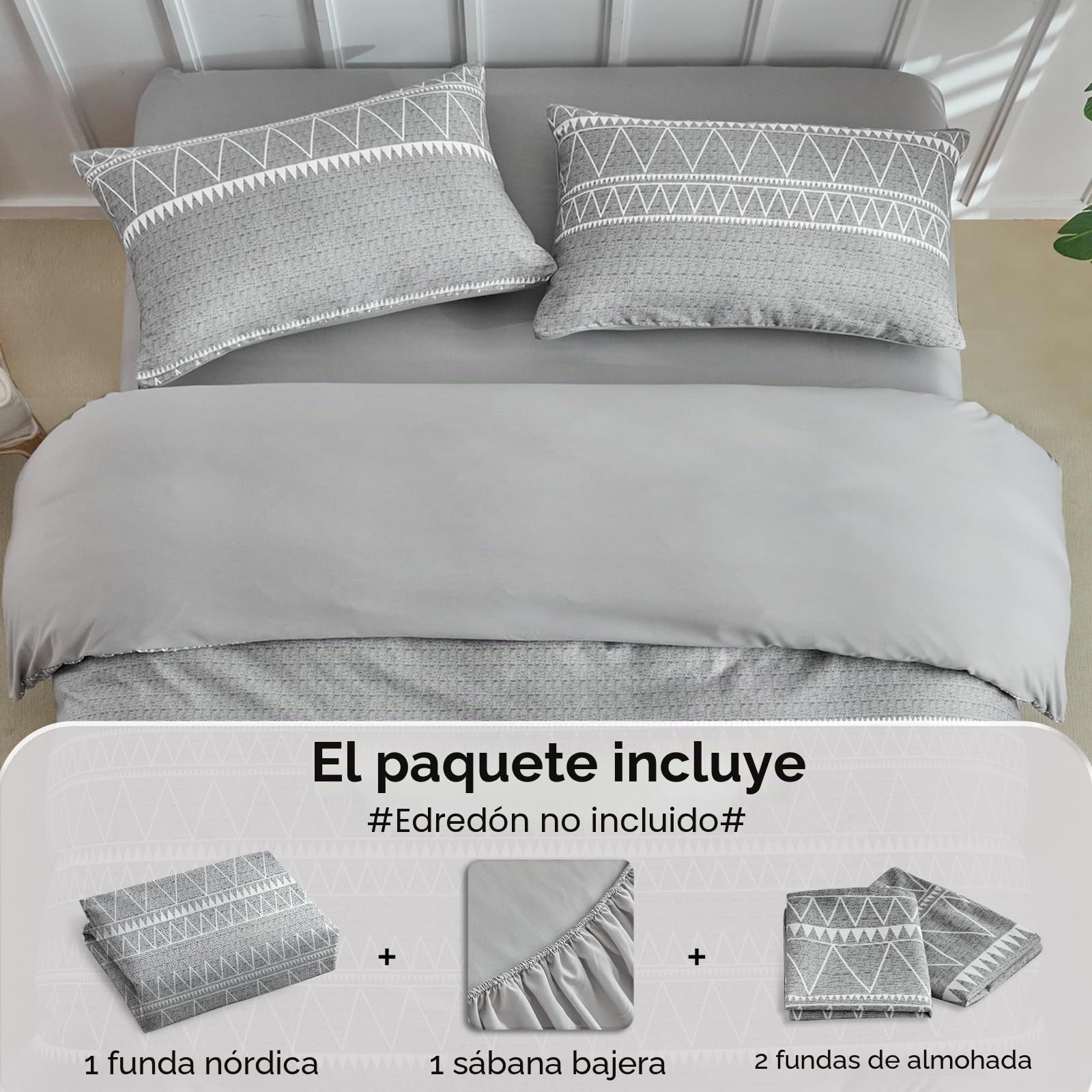 Tokokimo Juego de ropa de cama de 4 piezas, funda nórdica de 240 x 260 cm + sábana bajera de 160 x 200 cm con 2 fundas de almohada de 65 x 65 cm de microfibra, diseño bohemio, color gris