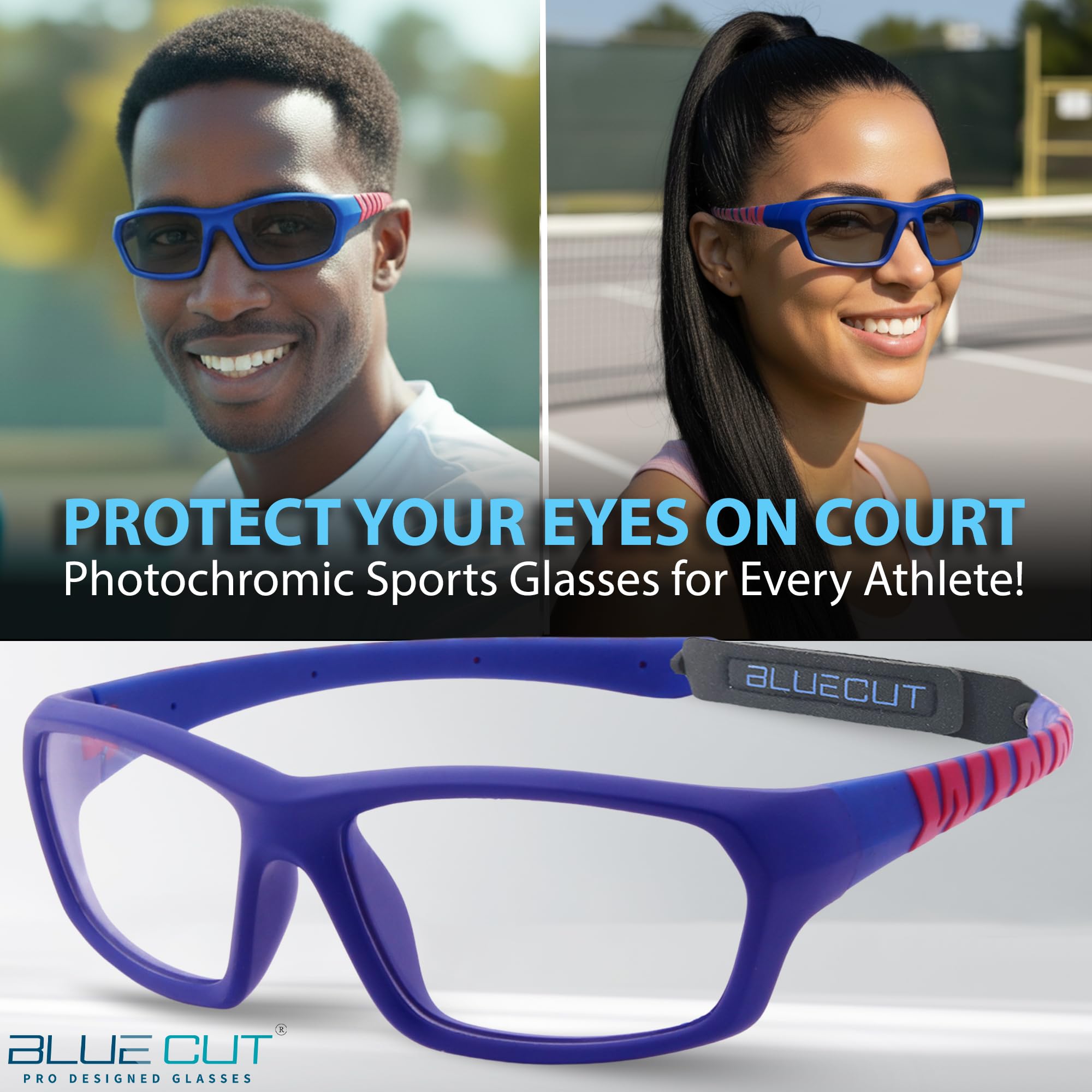 BLUE CUT Sportowe okulary ochronne, fotochromowe soczewki przeciwmgielne, okulary ochronne do koszykówki, pickleball i sportów na świeżym powietrzu