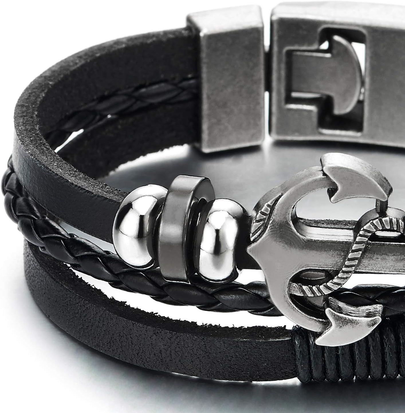 COOLSTEELANDBEYOND Men Women Marine Anchor Sailing Rope Black Braided Leather Bracelet Three-Row Leather Wristband Wrap - Image 3