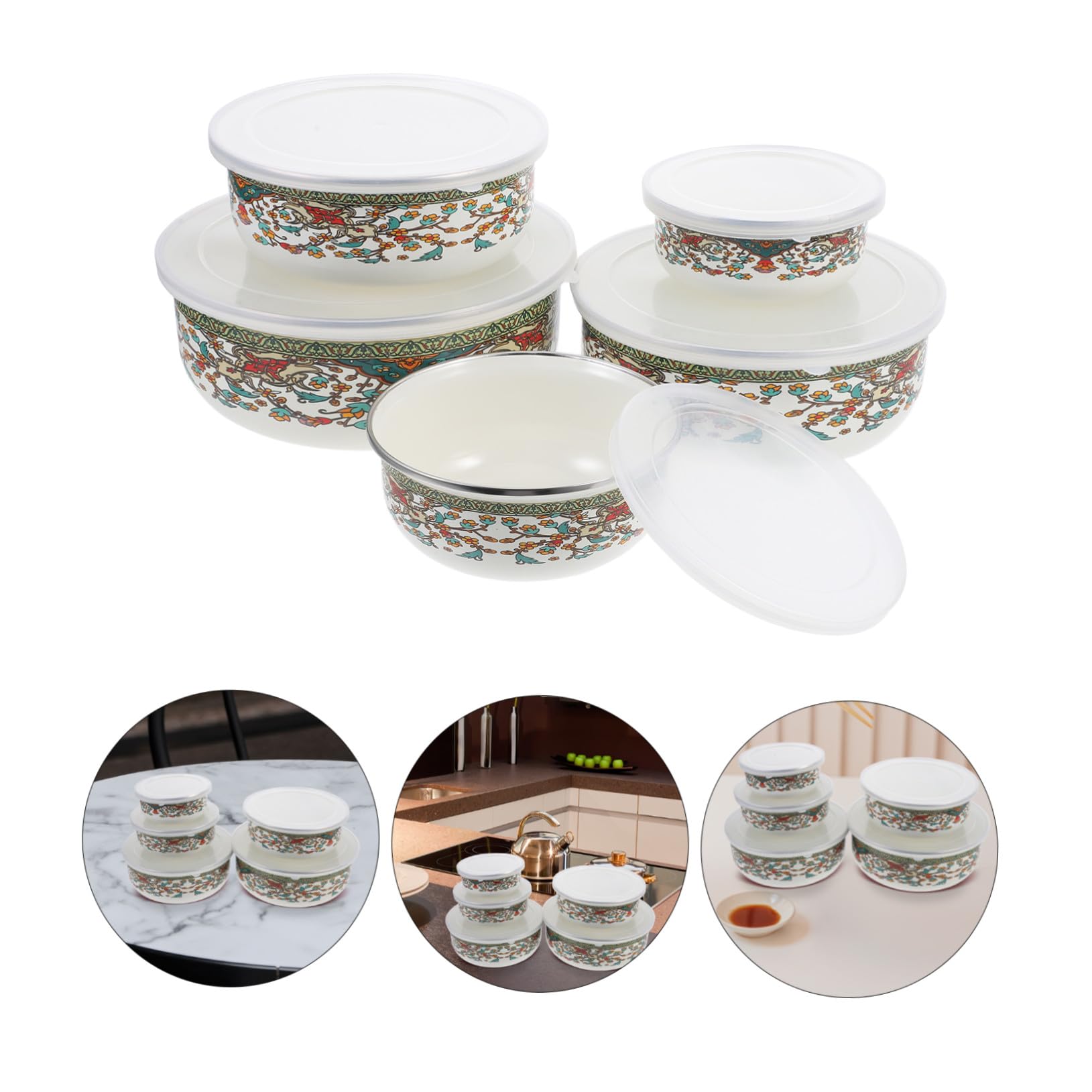 Set de 5 Tazones de Esmalte con Tapa, Cuenco Profundo | Fideos y Sopas, Uso en Hogar o Restaurante, Estilo Vintage Chino, Plástico y Esmalte