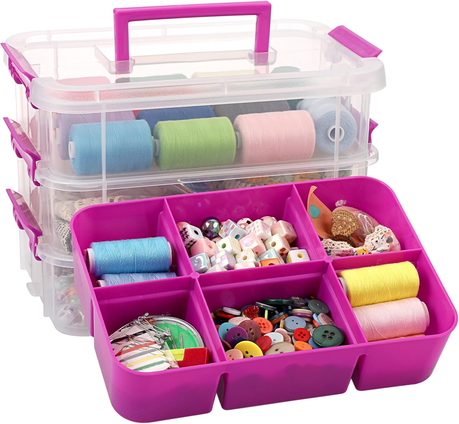 BTSKY 3-Layer Plastic Craft Storage Container with Removable Tray, Stackable Art & Craft Supply Storage Organizer Multipurpose Portable Sewing Box for Bead, Tool, Office Supplies (Purple-2 Pack) Purple 2 Pack image 8 of 8 B0DQTQM83Q