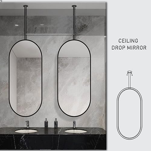 Miniatura 7 de JBKYANAN Espejo de barra colgante montado en el techo con marco de metal negro y pluma, espejo decorativo simple transparente y práctico, espejo de