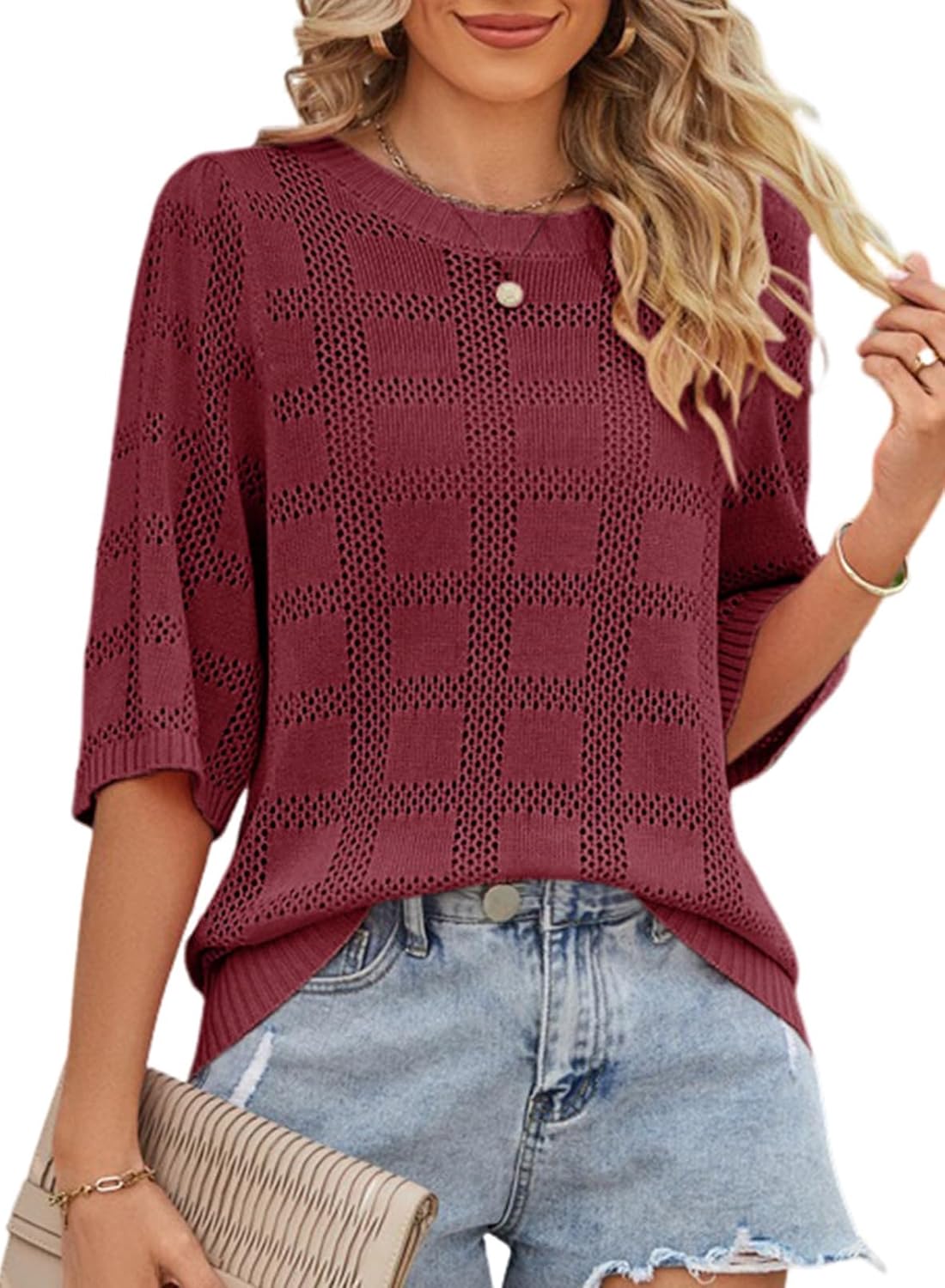 Dokotoo Women's Casual Short Sleeve Loose Tunic Tops Lightweight Crochet Knit Summer Sweaters Blouses - Image 2