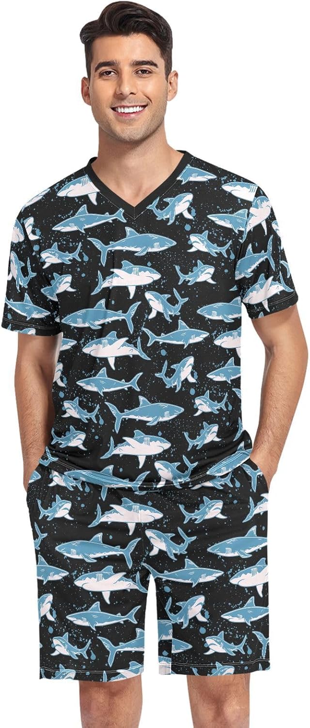 Men's Short Sleeve Pajama Set Summer Pj Short Set 2 Piece Loungewear Sleepwear with Pockets