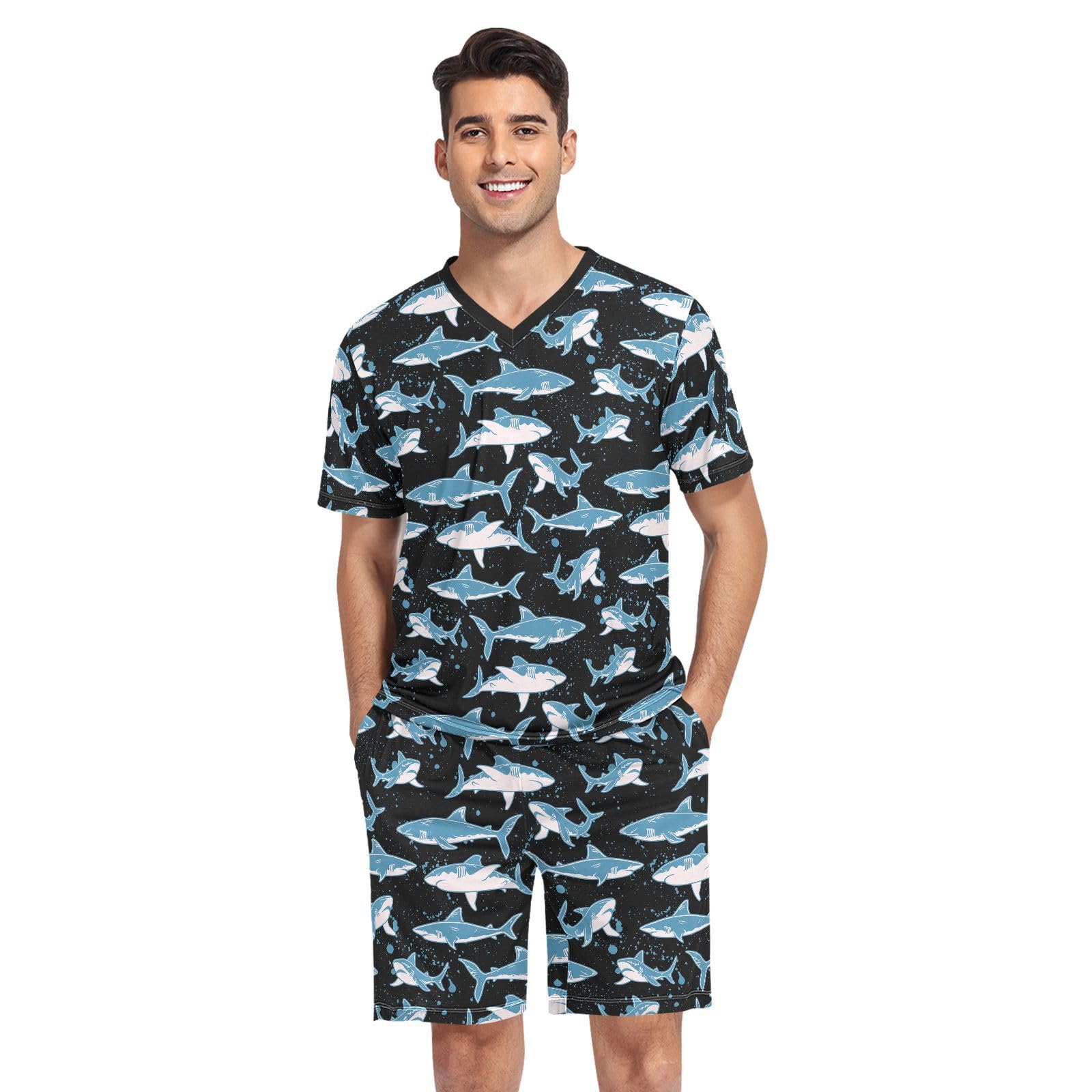 JHKKU Men's Short Sleeve Pajama Set Summer Pj Short Set 2 Piece Loungewear Sleepwear with Pockets