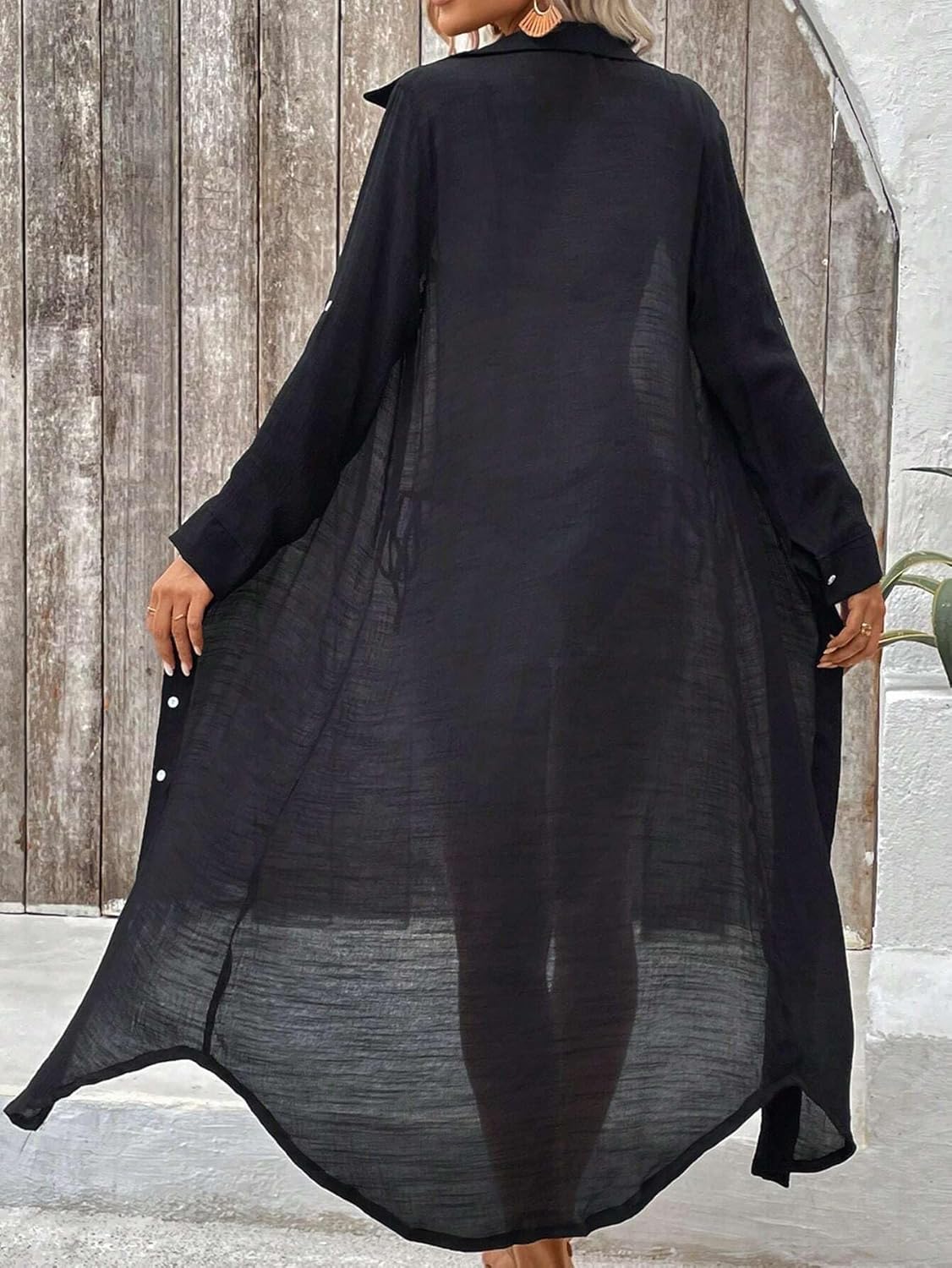Women Summer Beach Solid Front-Buttoned Shirt Kimono cover ups for swimwear