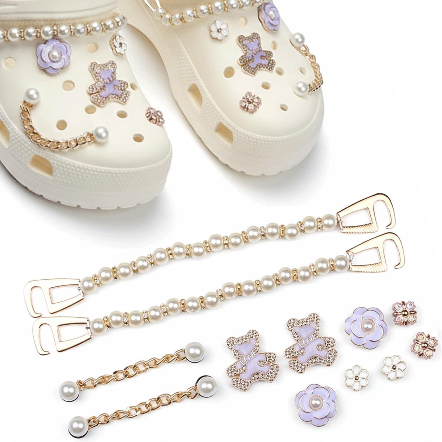 LEMONSTONE Crocs Charms Pins zestaw 12 sztuk, zdejmowane, urocze przypinki do butów z kwiatem, perłą, miś dla dzieci, dziewcząt i kobiet, błyszczące przypinki Croc (fioletowe)