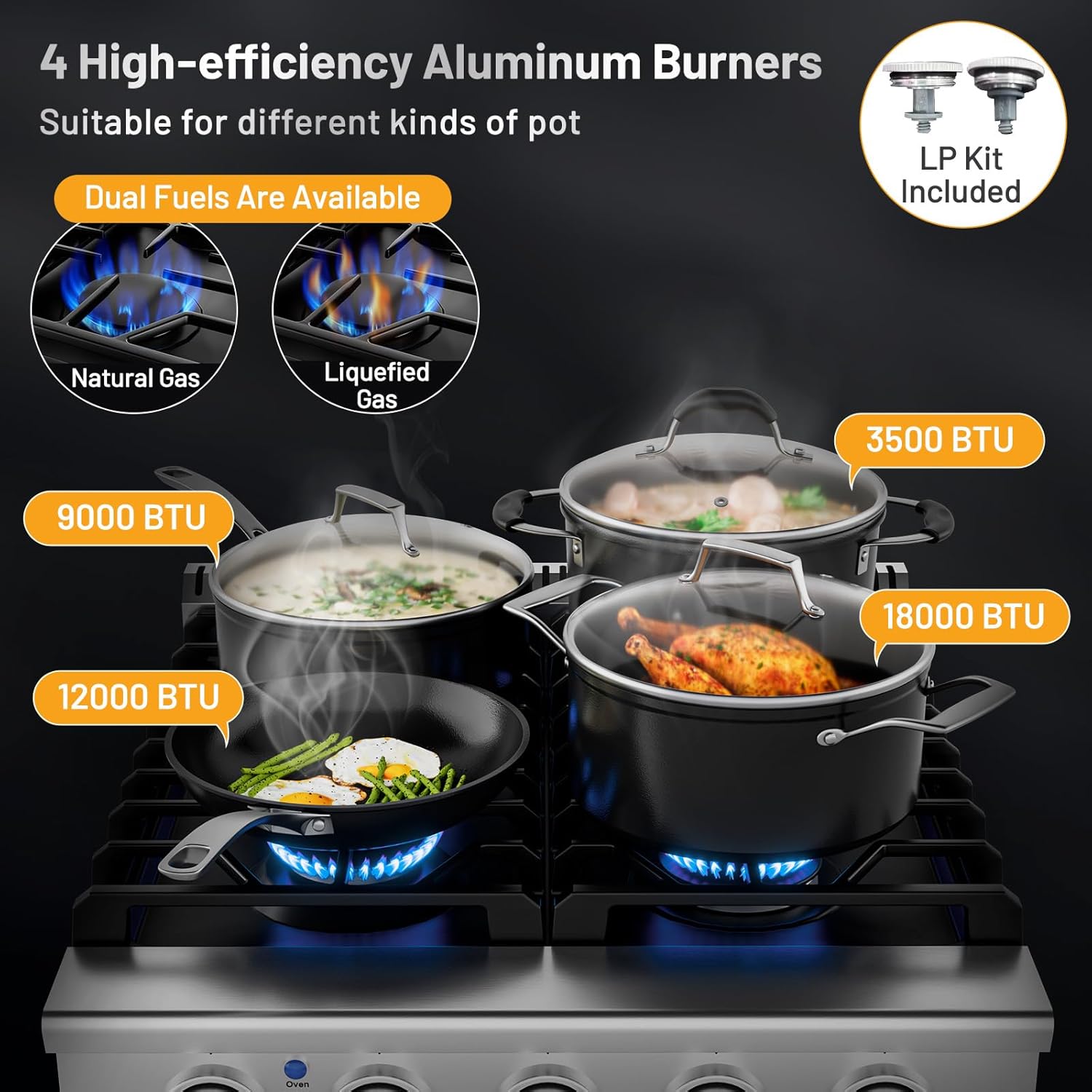 Four cooktop burners with different BTU ratings and dual fuel options